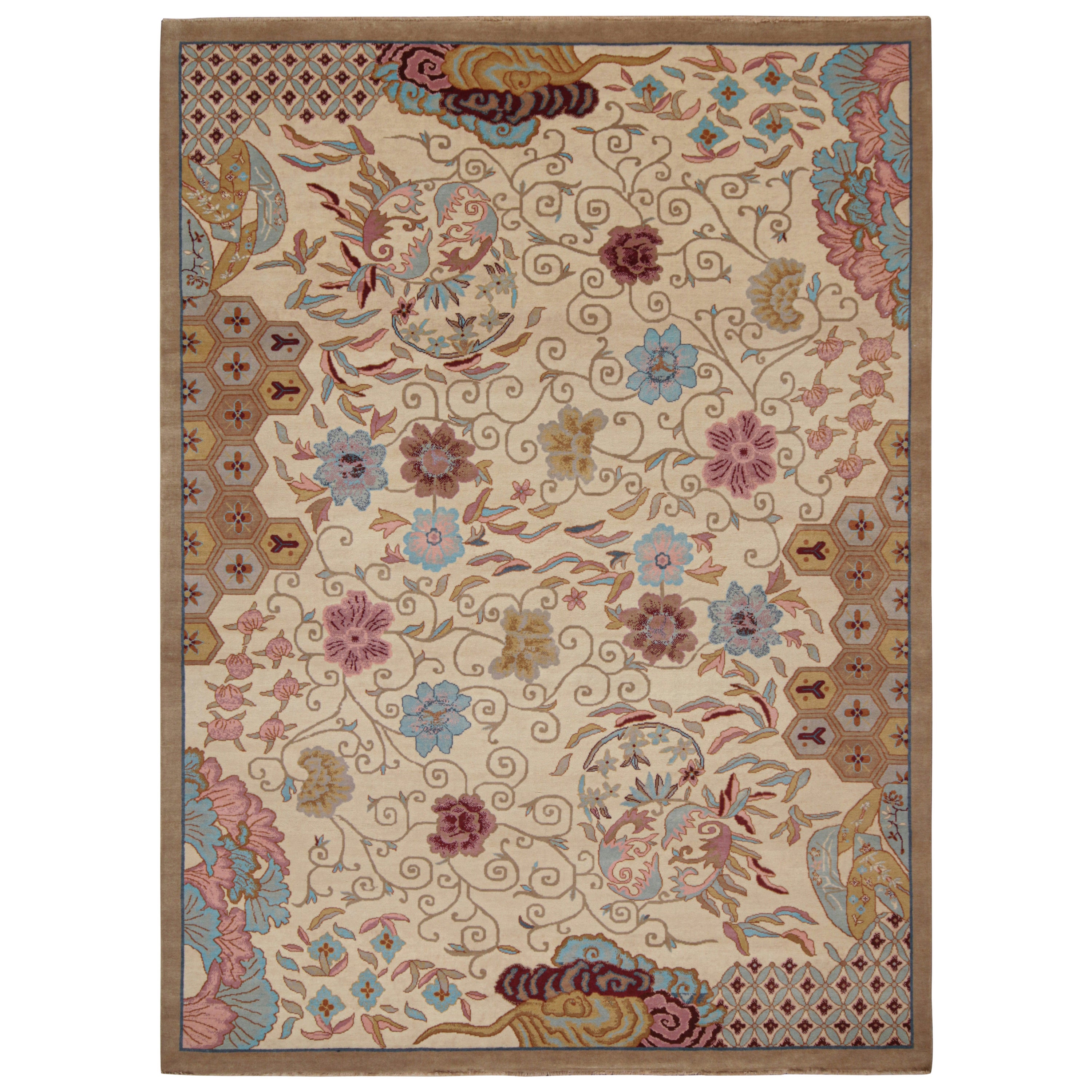 Rug & Kilim’s Chinese Art Deco Style Rug in Beige-Brown with Floral Patterns For Sale