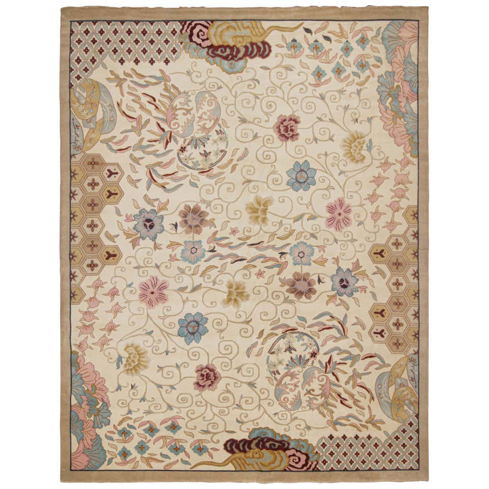Rug and Kilim’s Chinese Art Deco Style Rug in Beige with Floral ...