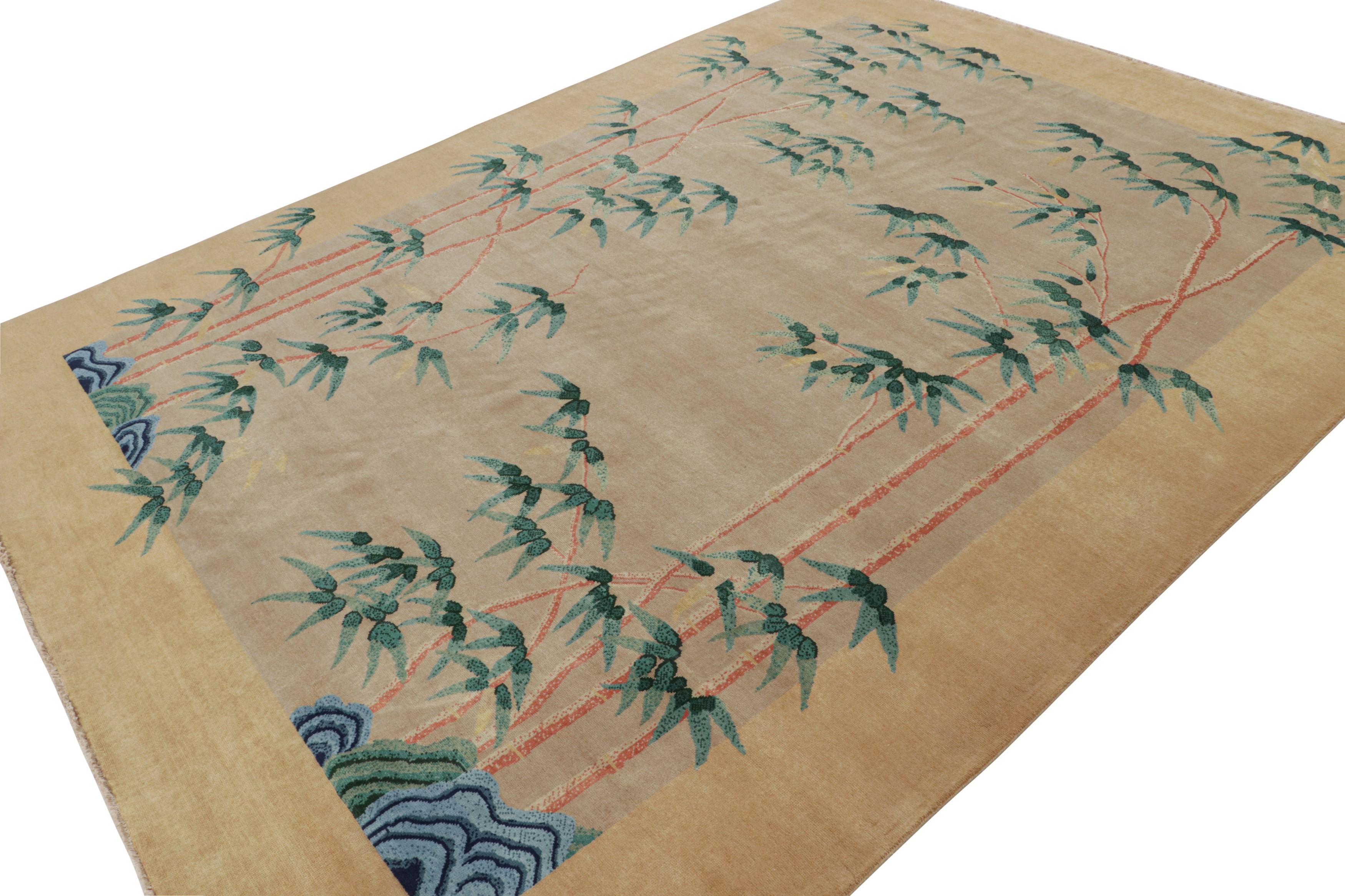Hand knotted in wool, a 9x12 Chinese art deco style rug inspired by rare period pieces of the 1920s Nichols style. 

On the Design: 

This rug recaptures the Chinese Art Deco rug style of the 1920s. Its floral pattern enjoys a brilliant green, red