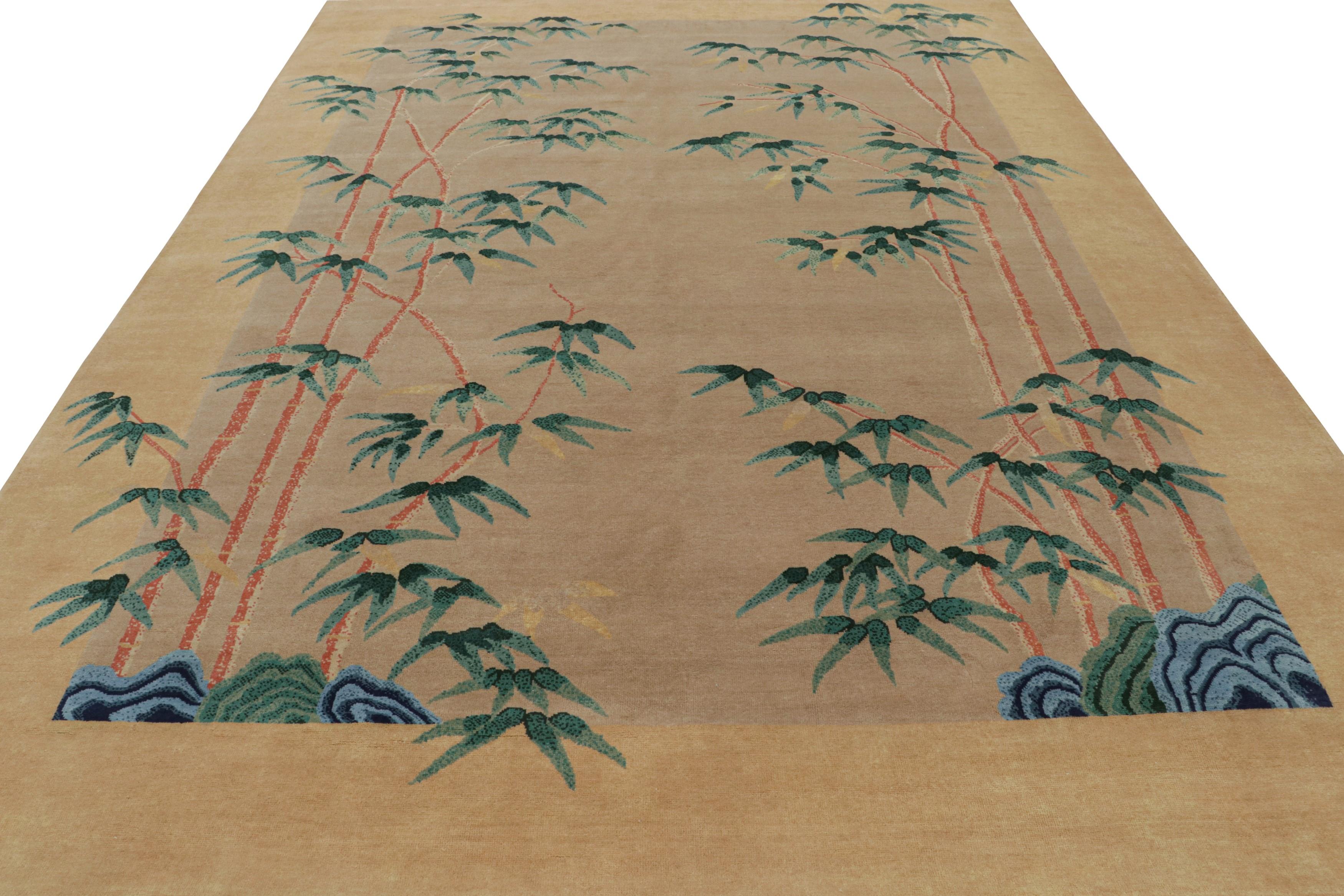 Rug & Kilim's Chinesischer Teppich im Art Deco Stil in Beige mit floralen Bambusmustern (Art déco) im Angebot
