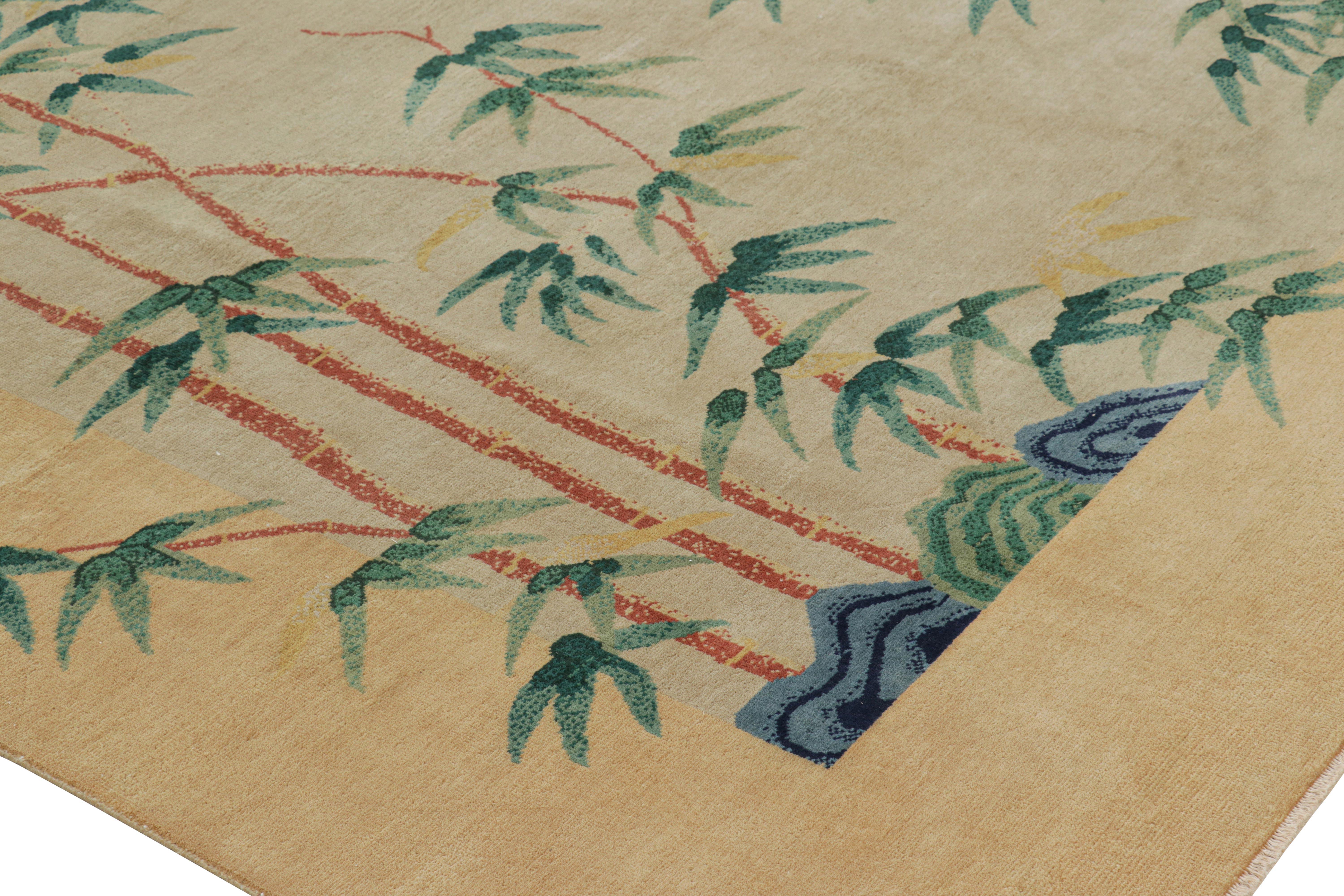 Indian Rug & Kilim’s Chinese Art Deco Style Rug in Beige with Bamboo Floral Patterns For Sale