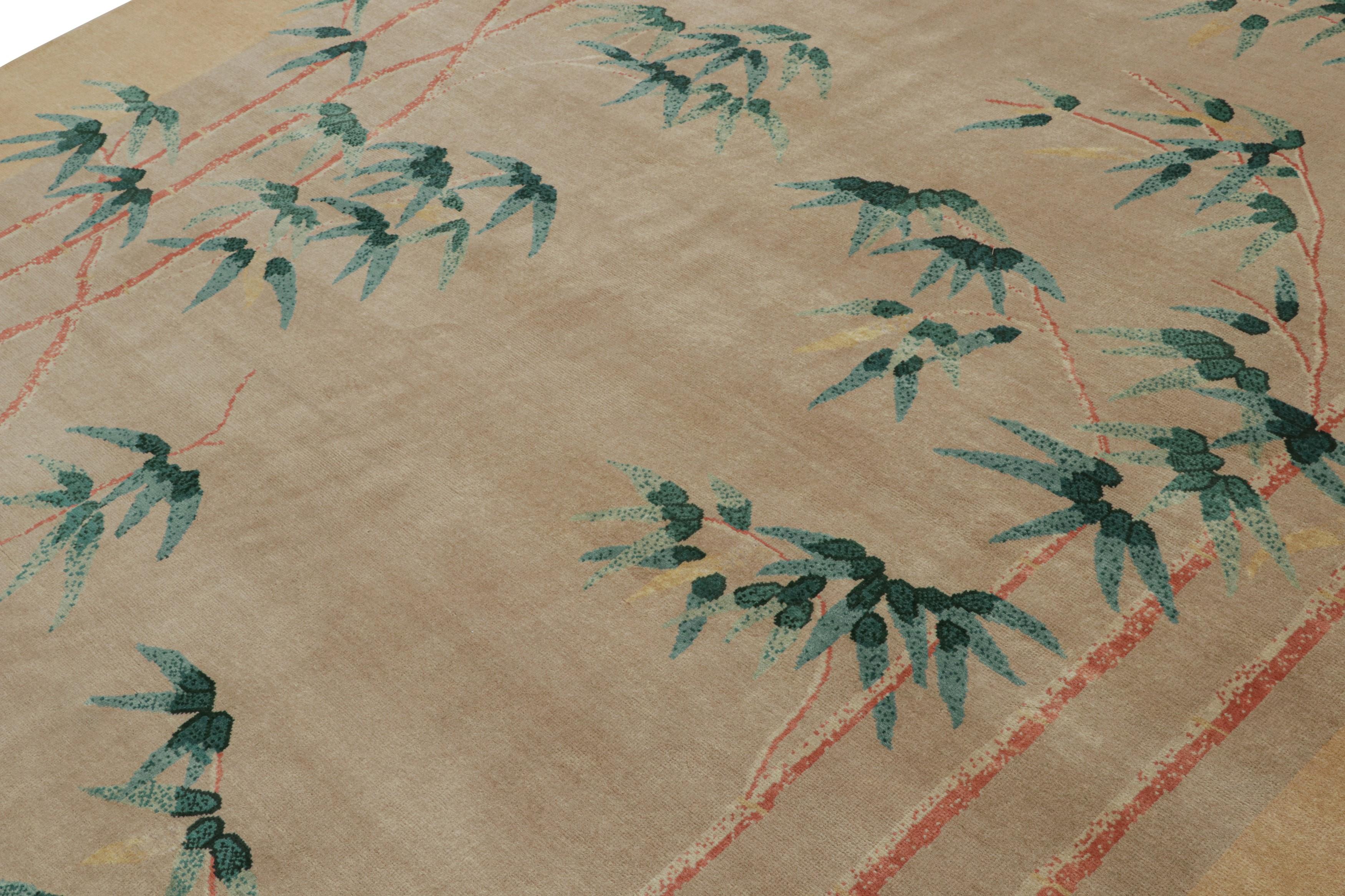Rug & Kilim's Chinesischer Teppich im Art Deco Stil in Beige mit floralen Bambusmustern (Handgeknüpft) im Angebot