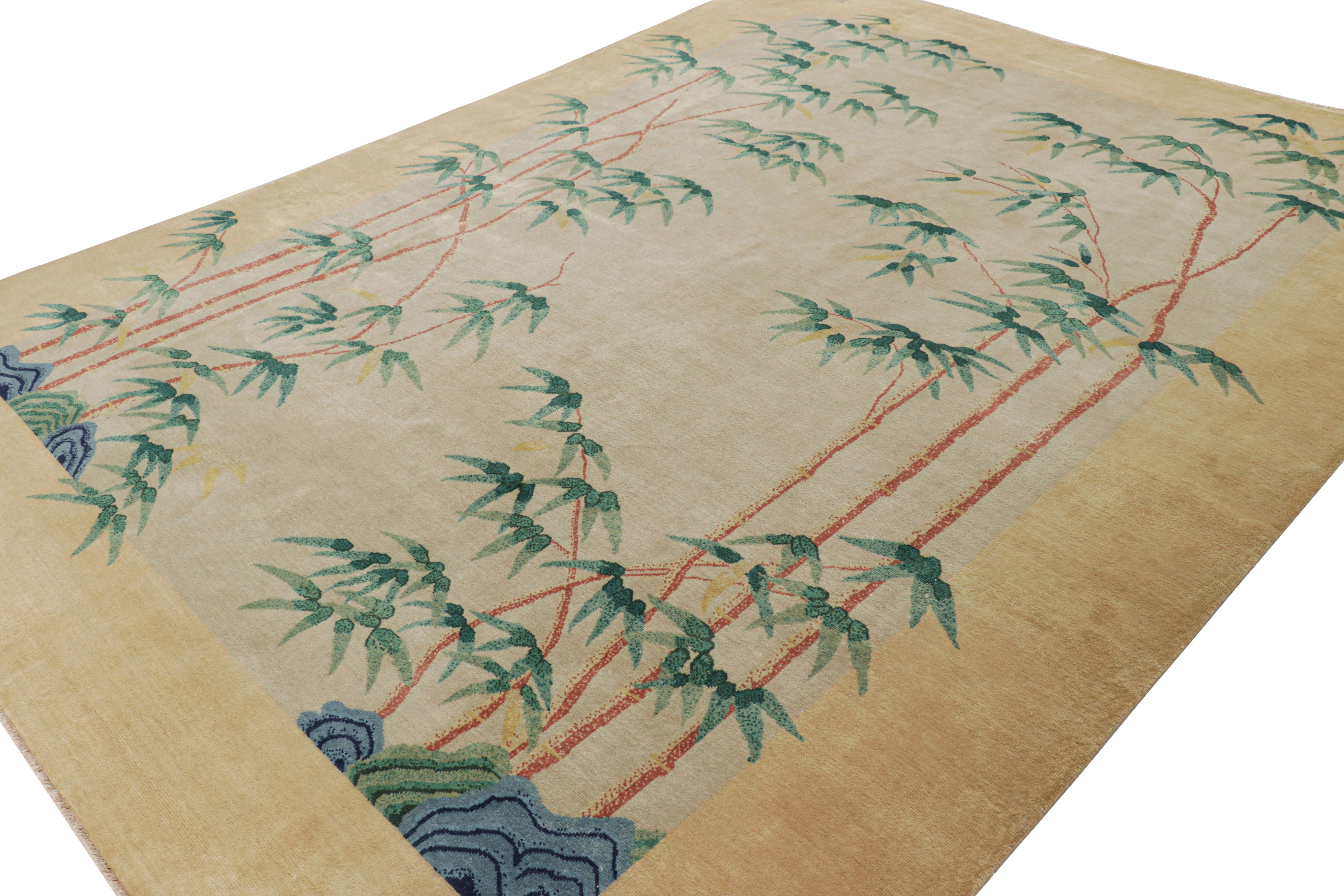 Hand-Knotted Rug & Kilim’s Chinese Art Deco Style Rug in Beige with Bamboo Floral Patterns For Sale
