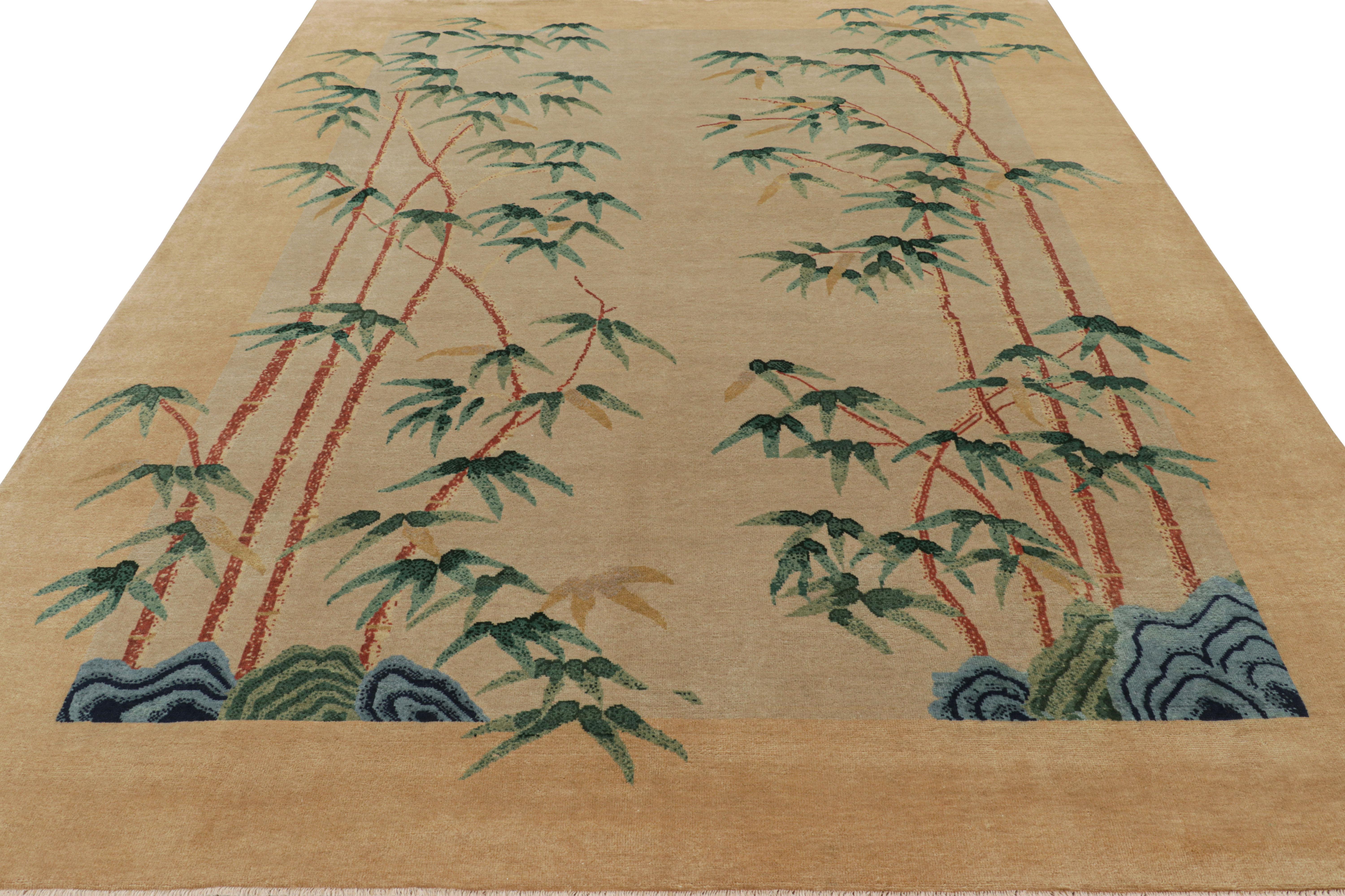 Hand-Knotted Rug & Kilim’s Chinese Art Deco Style Rug in Beige with Bamboo Floral Patterns For Sale