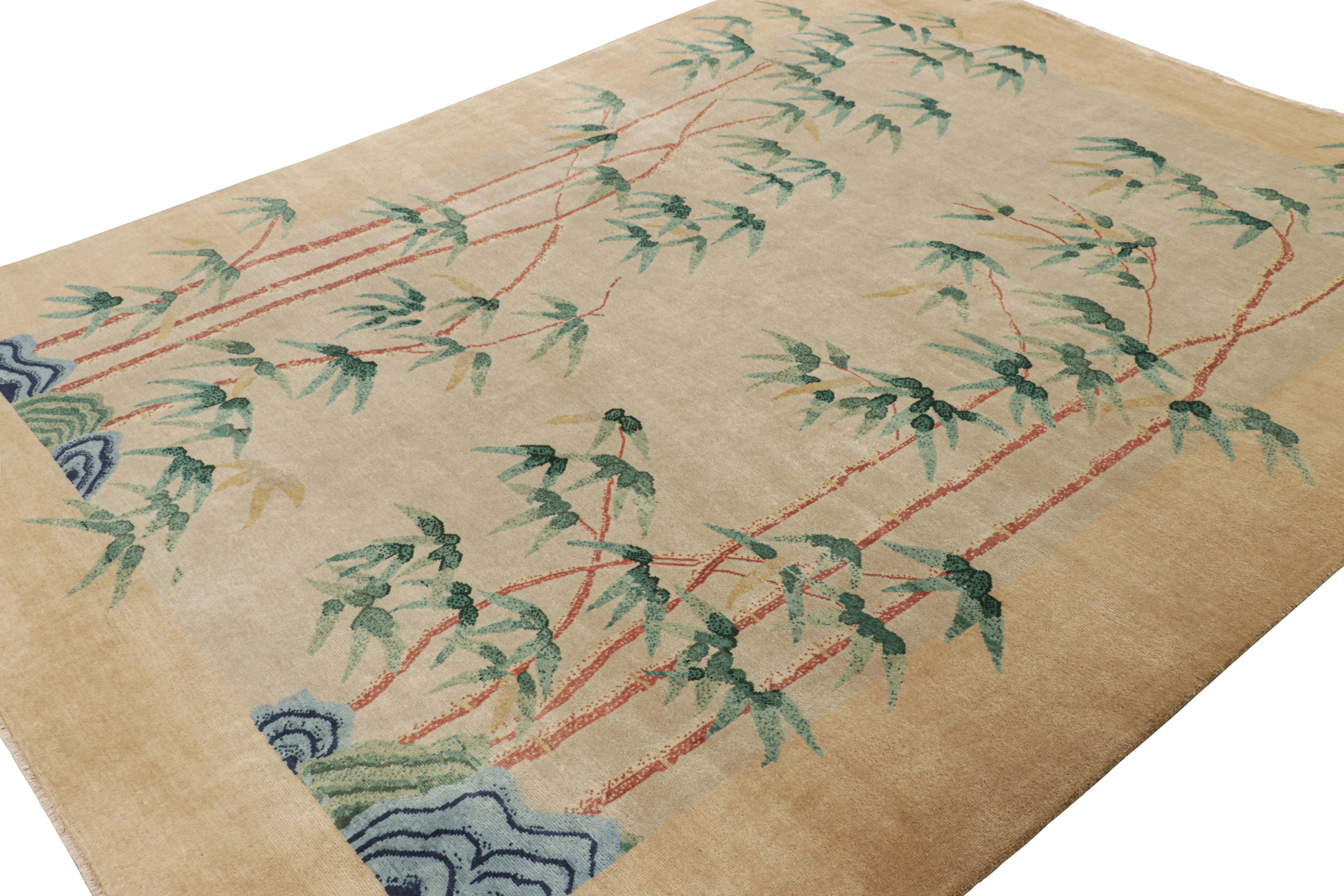 Rug & Kilim’s Chinese Art Deco Style Rug in Beige with Bamboo Floral Patterns In New Condition For Sale In Long Island City, NY