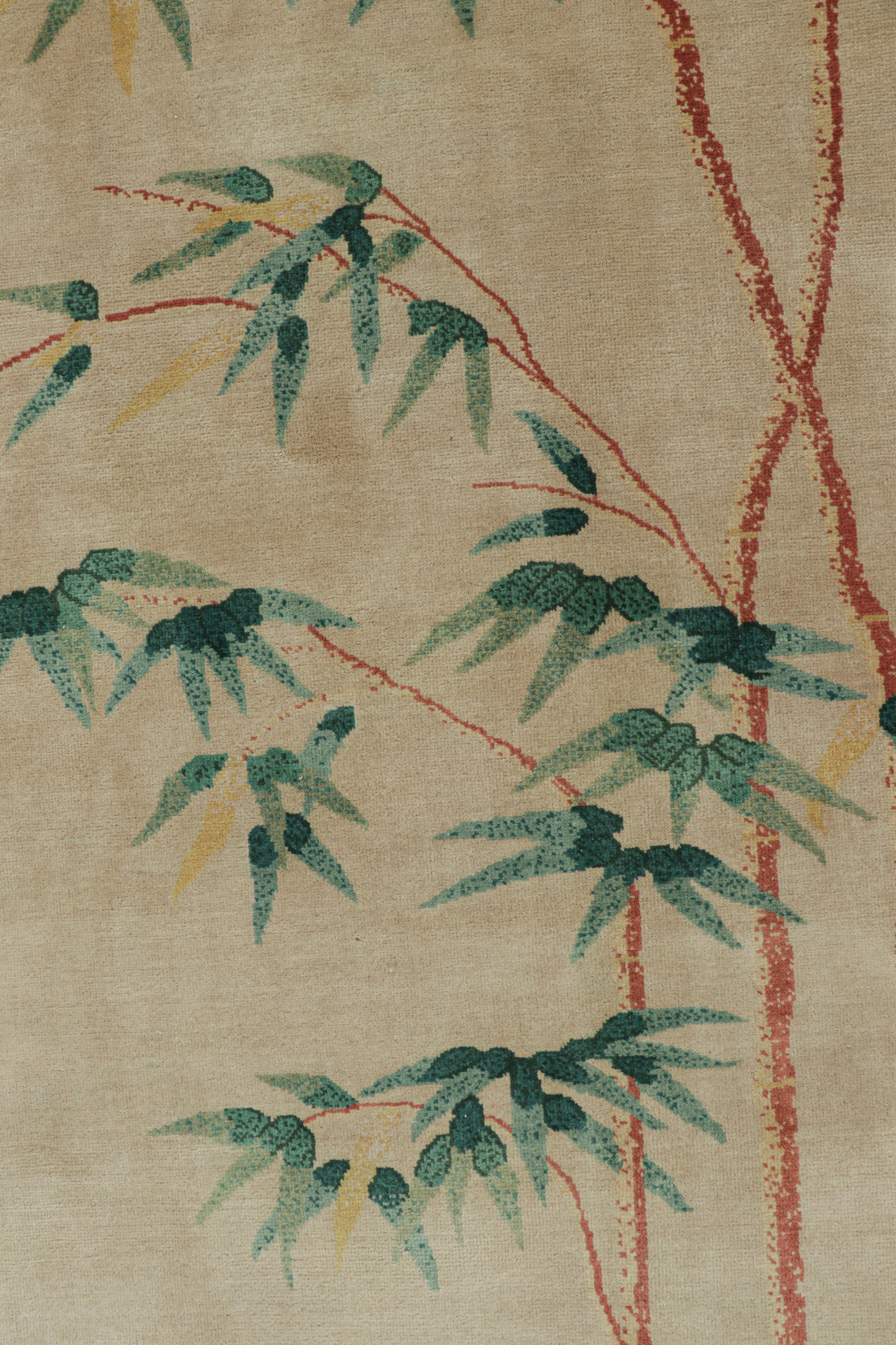 Contemporary Rug & Kilim’s Chinese Art Deco Style Rug in Beige with Bamboo Floral Patterns For Sale