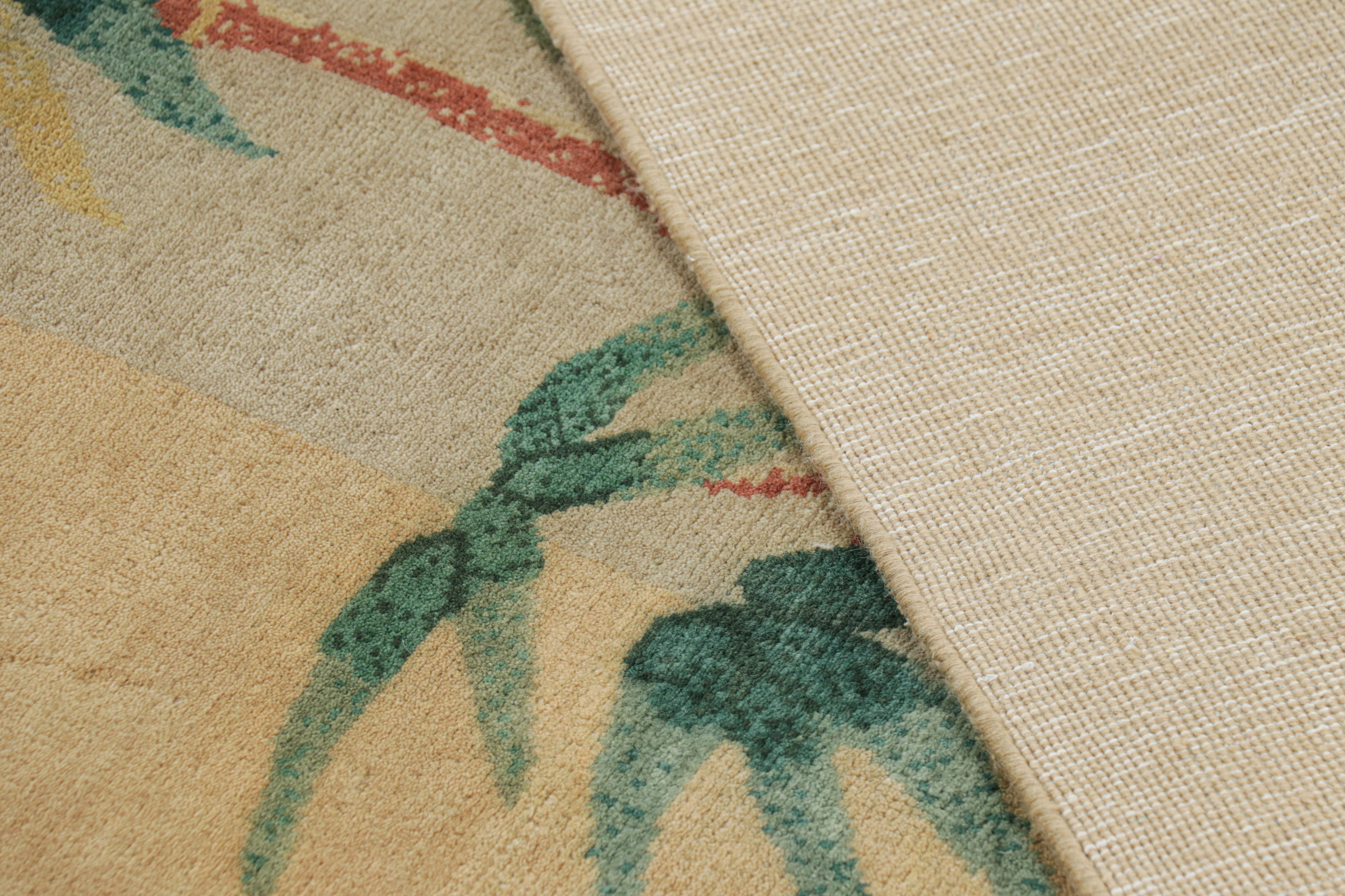 Wool Rug & Kilim’s Chinese Art Deco Style Rug in Beige with Bamboo Floral Patterns For Sale