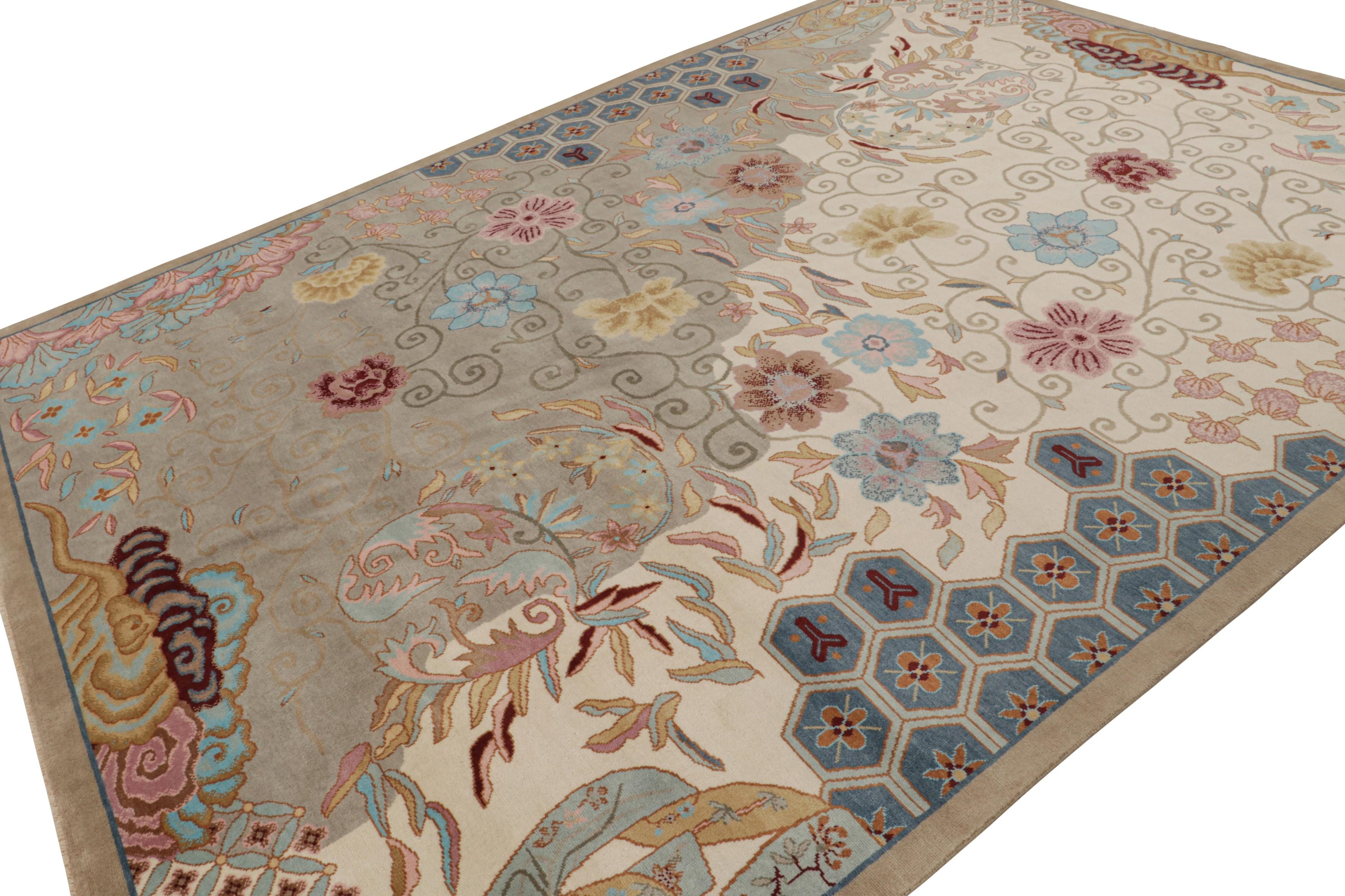 Hand knotted in wool, a 9x12 Chinese art deco style rug inspired by rare period pieces of the 1920s Nichols style. 

On the Design: 

The design boasts an all over floral pattern in tones of gray, white & blue. Keen eyes will admire the fine