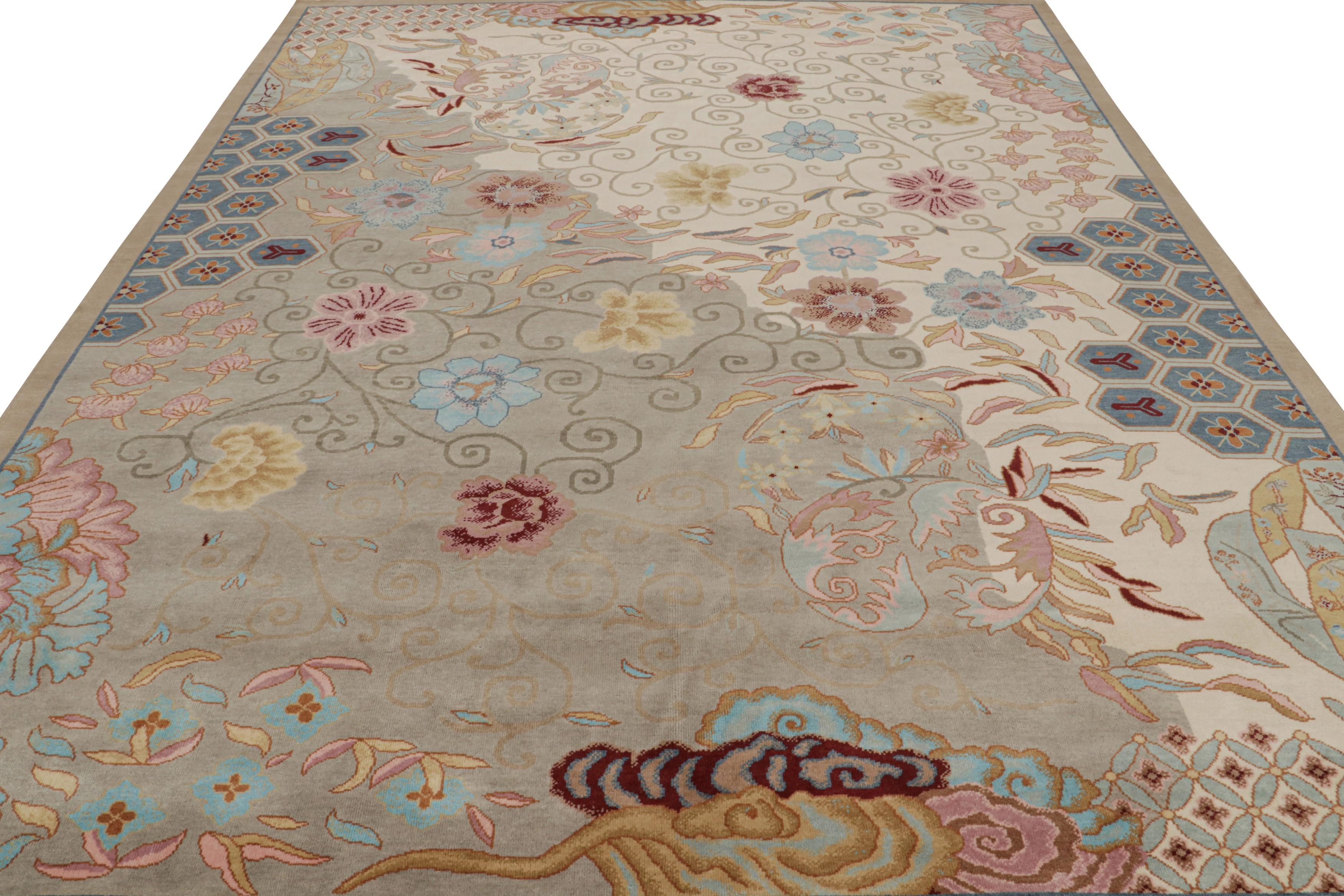 Hand-Knotted Rug & Kilim’s Chinese Art Deco Style Rug in Beige with Colorful Floral Patterns For Sale