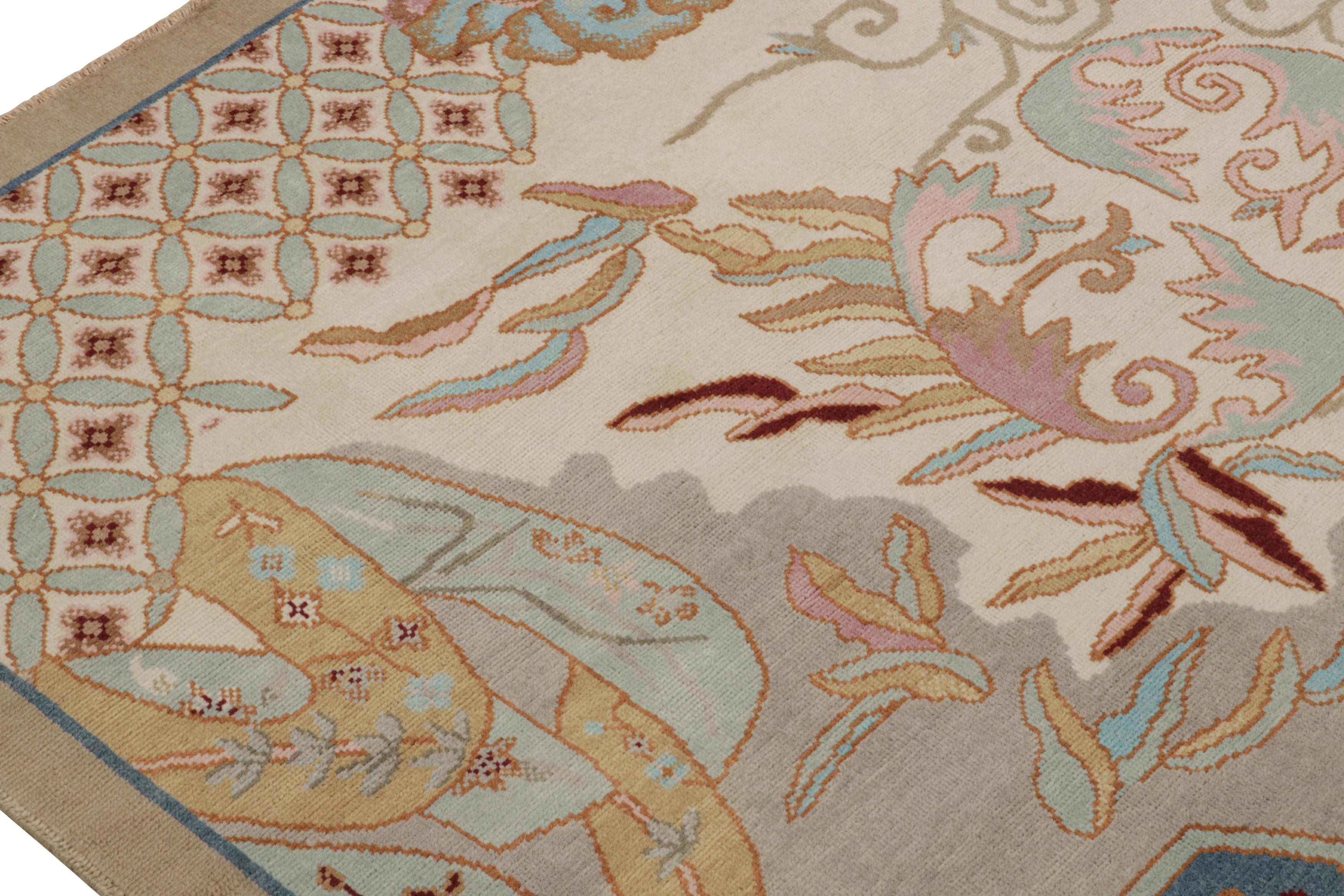 Contemporary Rug & Kilim’s Chinese Art Deco Style Rug in Beige with Colorful Floral Patterns For Sale