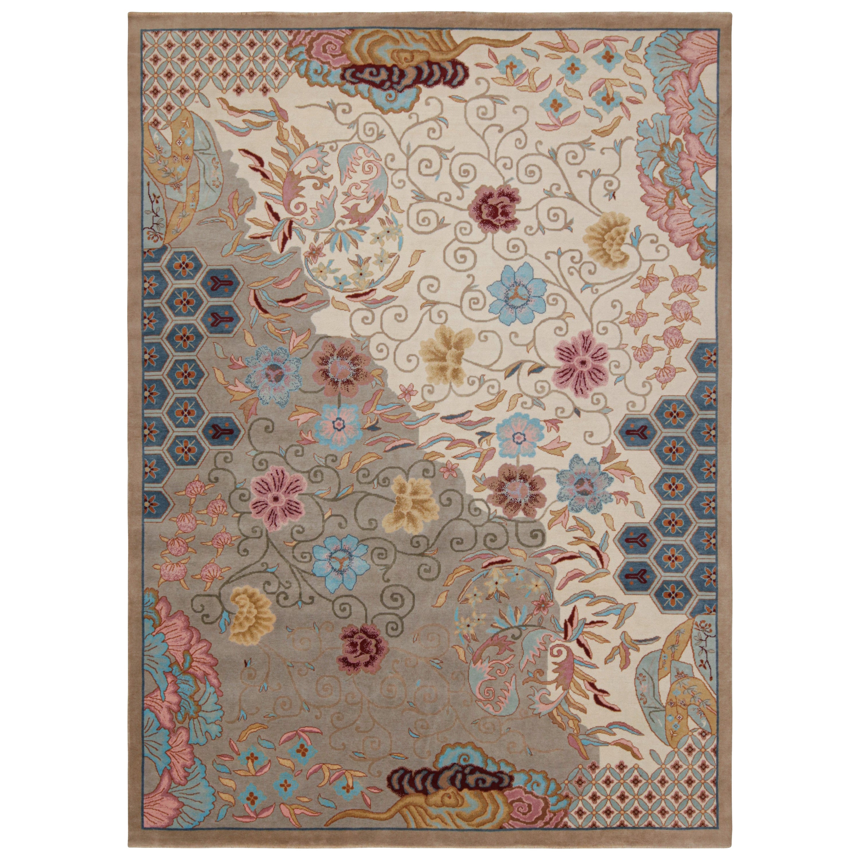 Rug & Kilim’s Chinese Art Deco Style Rug in Beige with Colorful Floral Patterns For Sale