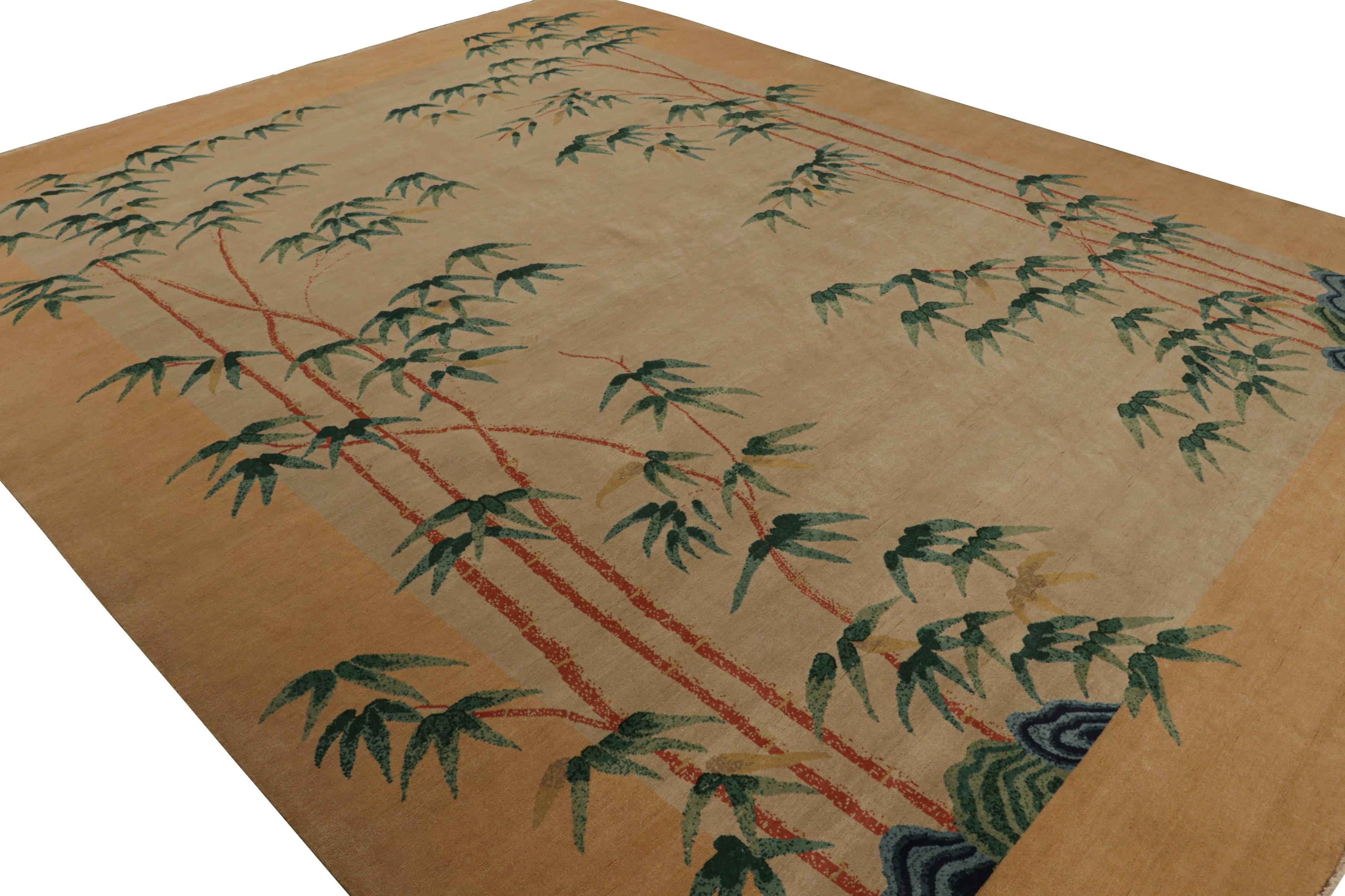 With a minimalist floral pattern inspired by a rare botanical design with bamboo trees in green and blue, on a beige field and gold border, this 12x15 Chinese Art Deco rug is hand-knotted in wool. 

On the Design: 

Connoisseurs will appreciate the