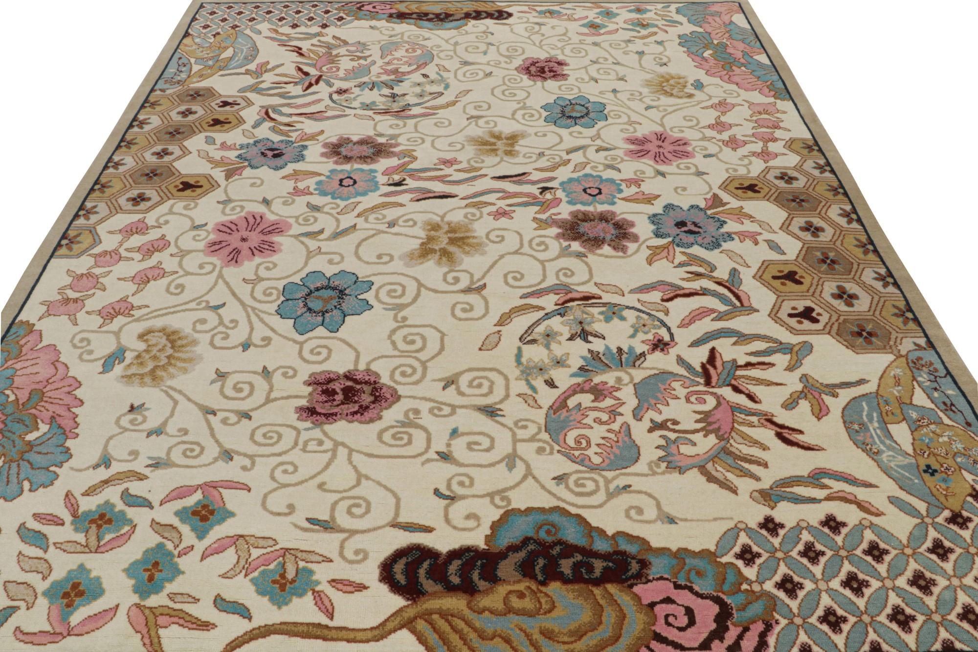 Indian Rug & Kilim’s Chinese Art Deco Style Rug in Beige with Floral Patterns For Sale
