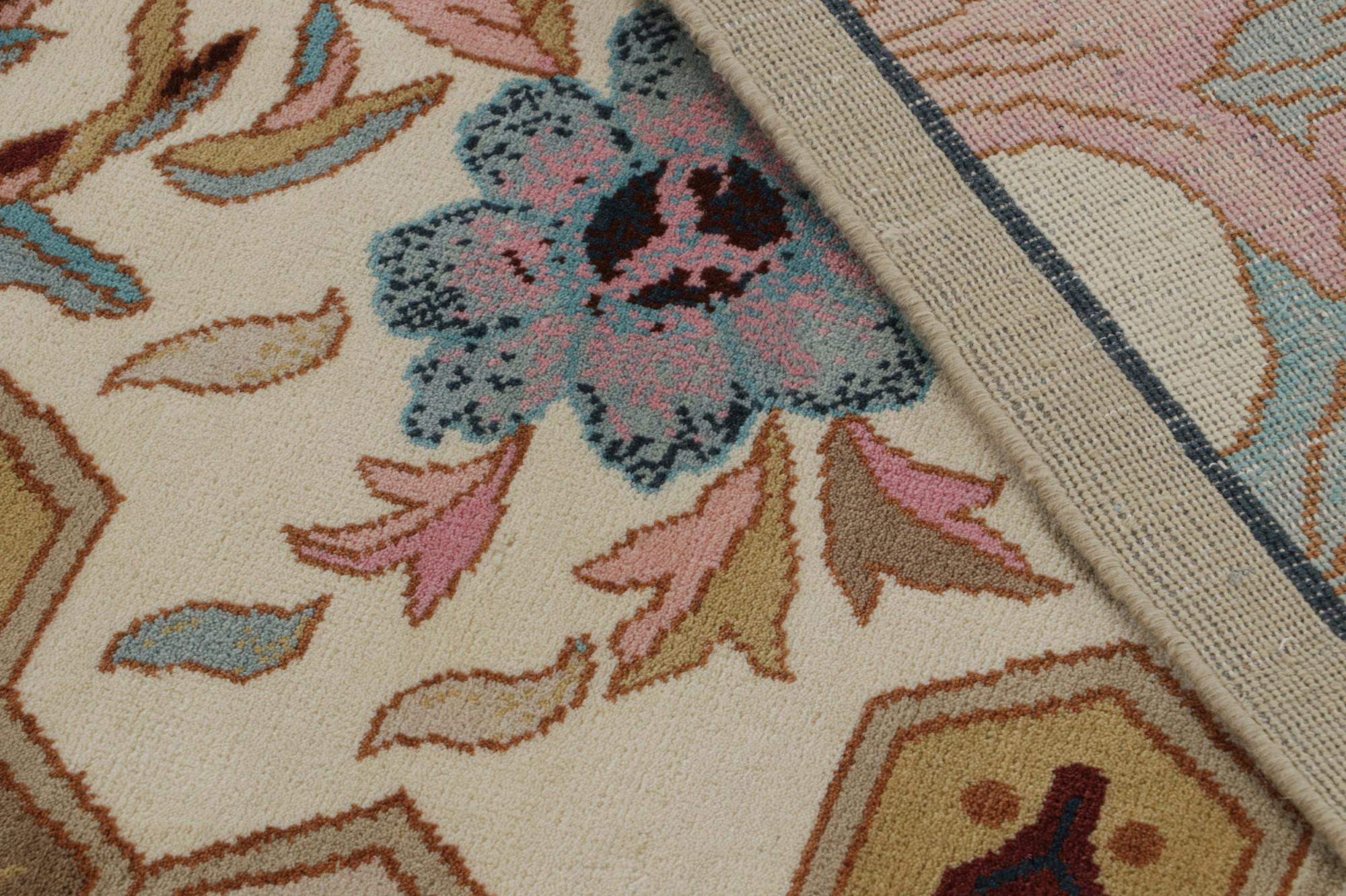 Wool Rug & Kilim’s Chinese Art Deco Style Rug in Beige with Floral Patterns For Sale