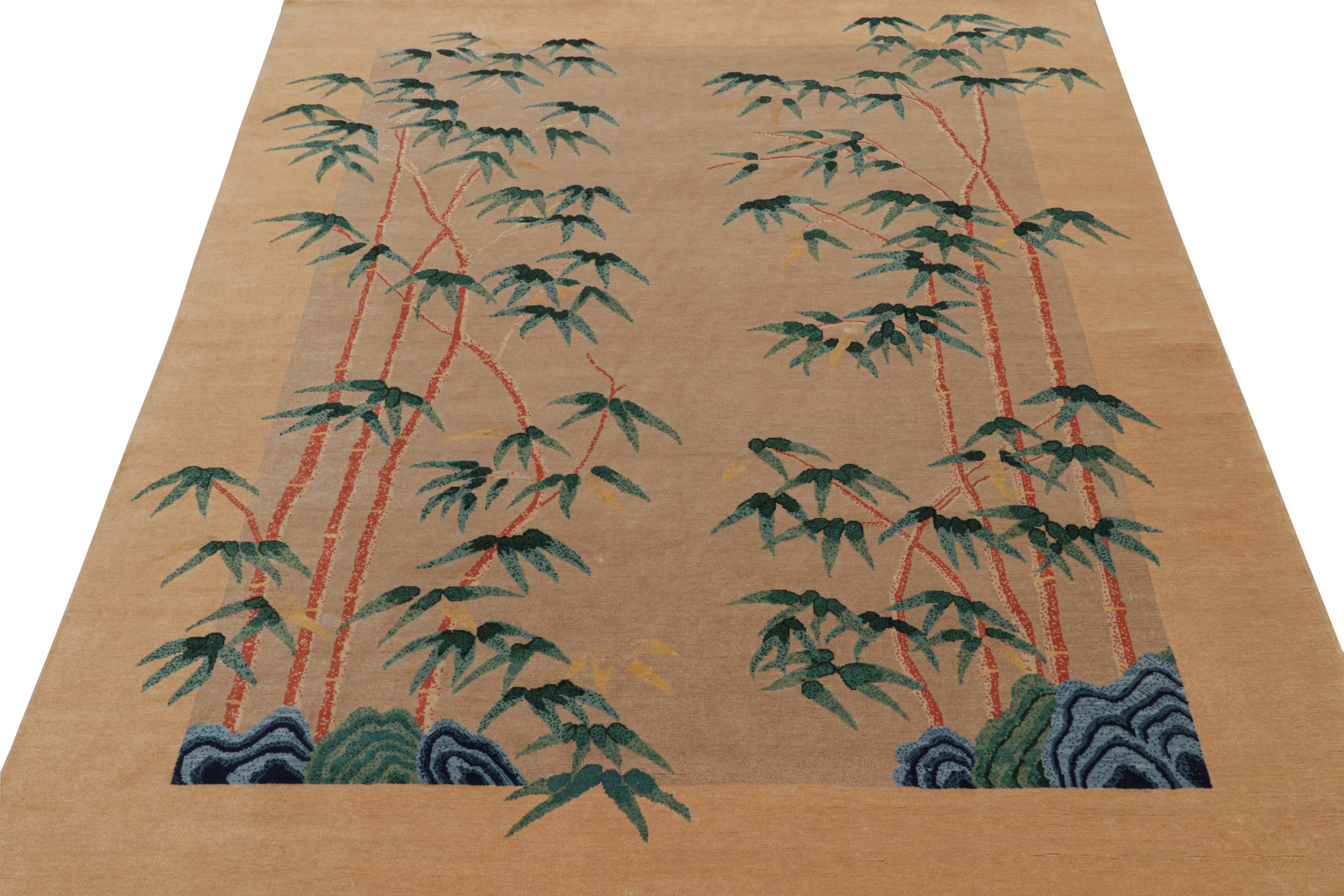 Indian Rug & Kilim’s Chinese Art Deco Style Rug in Beige with Green and Blue Florals For Sale