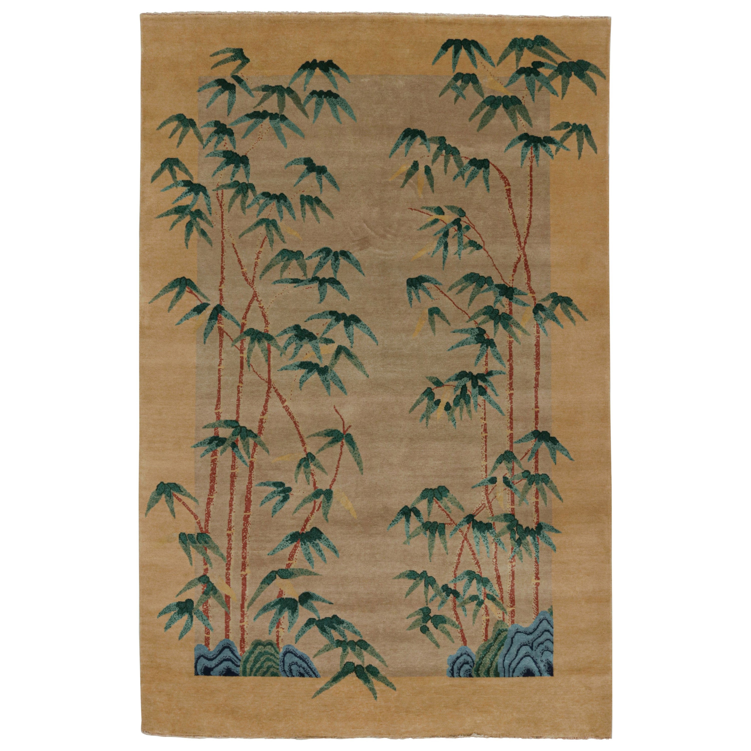 Rug & Kilim’s Chinese Art Deco Style Rug in Beige with Green and Blue Florals For Sale