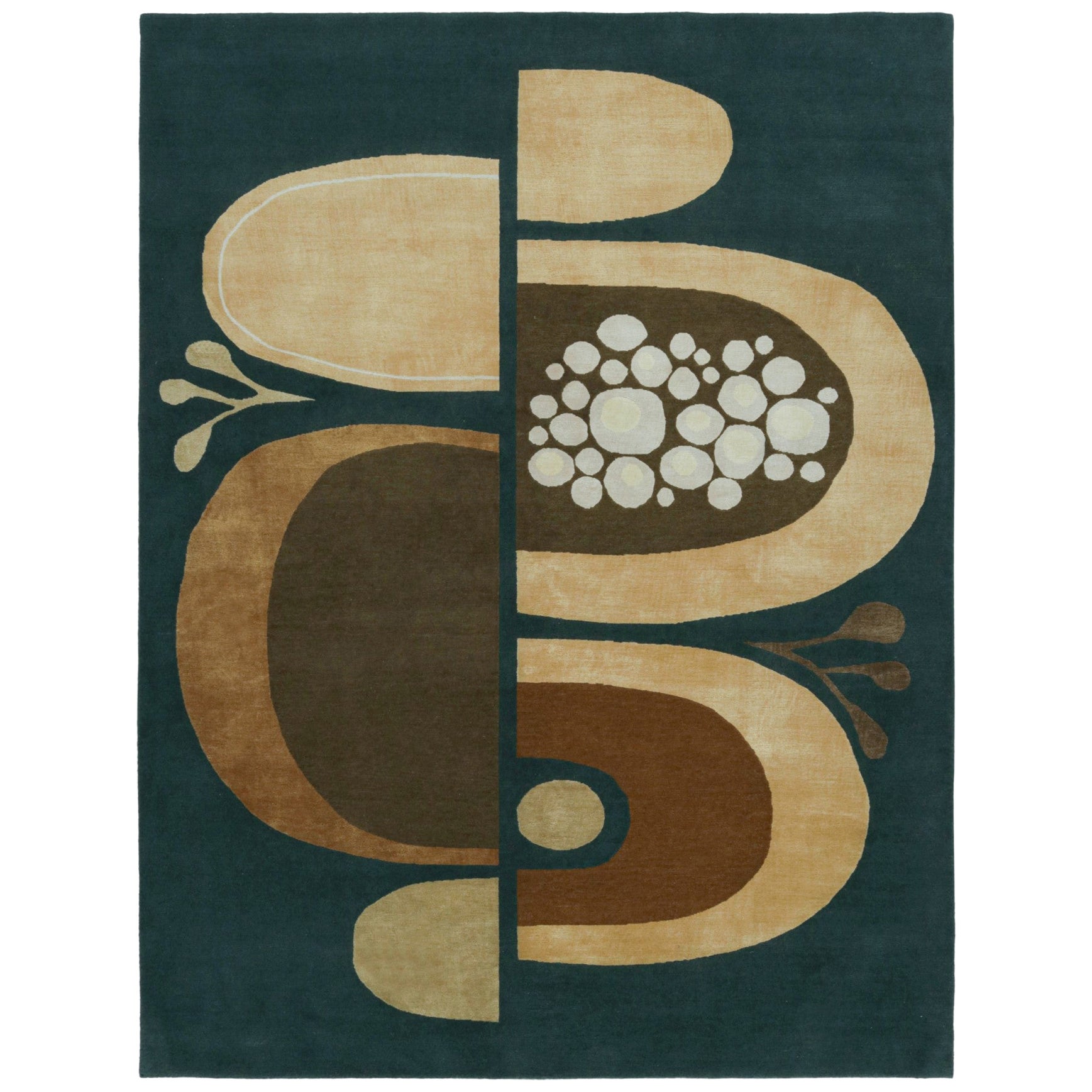 Rug & Kilim's Chinese Art Deco Style Rug in Beige with Green and Blue Florals (tapis chinois de style Art déco en beige avec des fleurs vertes et bleues) en vente