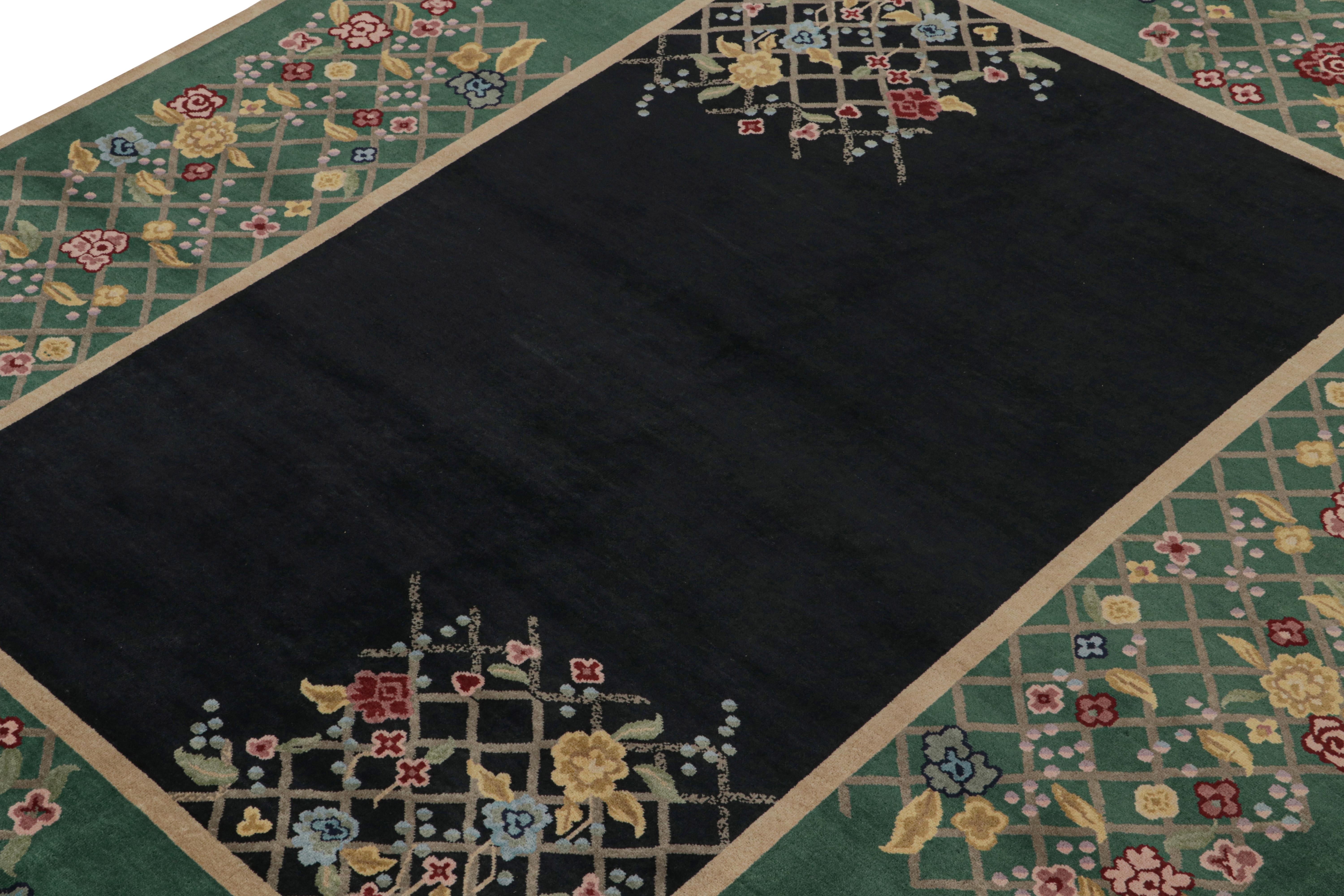 This 9x11 rug is an exciting new addition to the contemporary Art Deco rug collection by Rug & Kilim.

On the Design: 

Hand-knotted in wool, this rug is inspired by the Chinese Art Deco rug style of the 1920s. Its design enjoys a black field