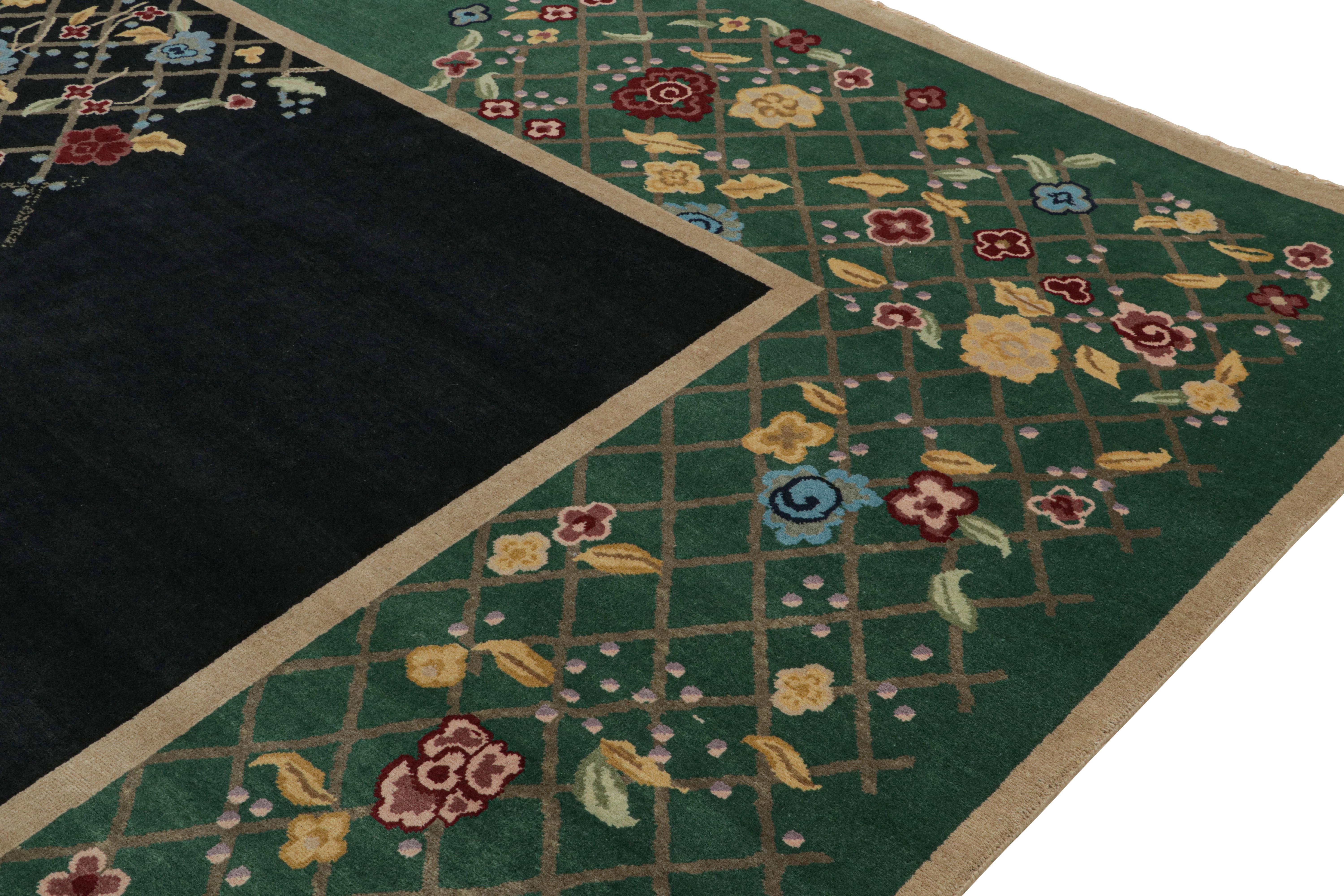 Indian Rug & Kilim’s Chinese Art Deco Style Rug in Black & Green with Floral Pattern For Sale