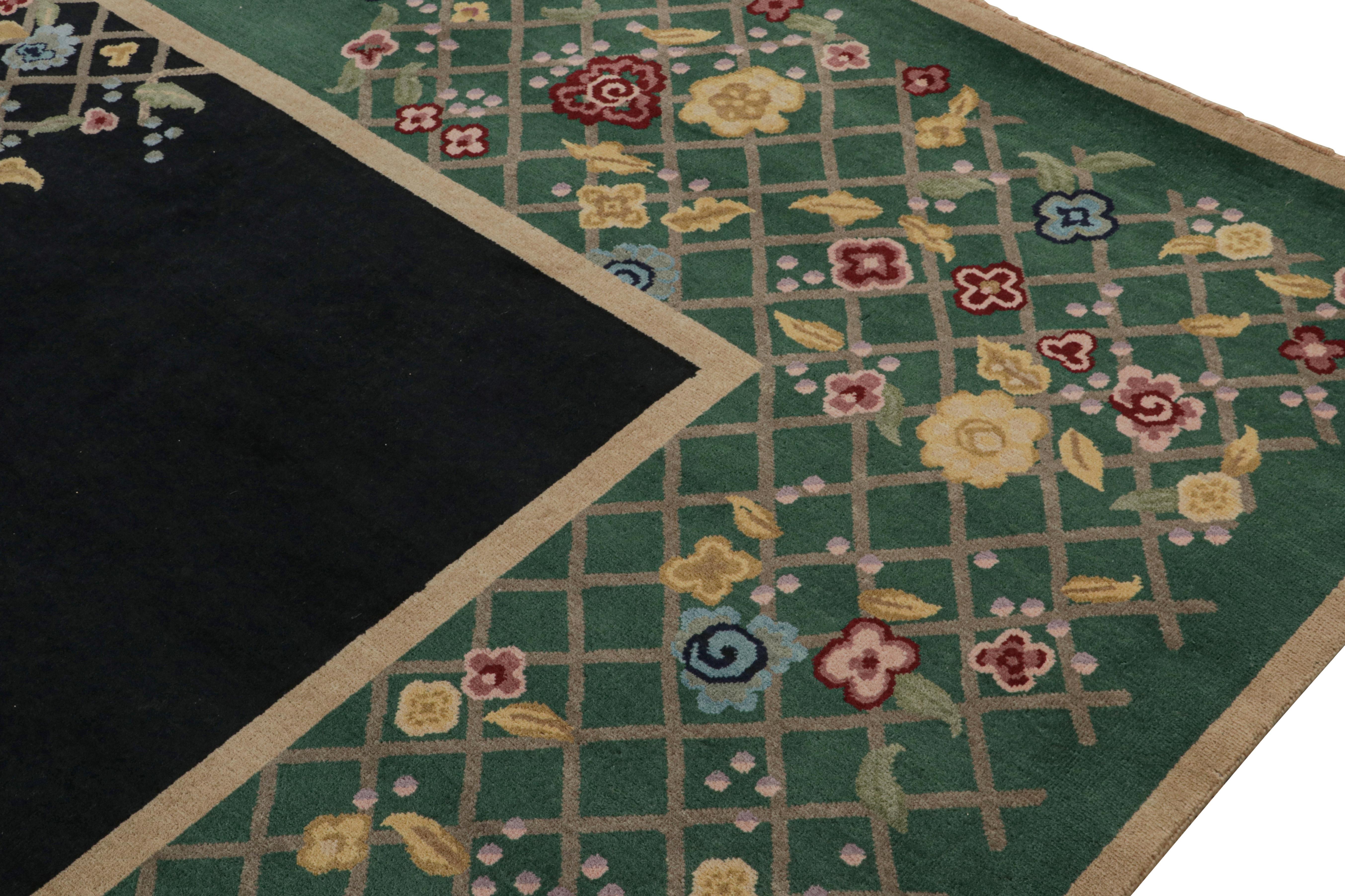 Indian Rug & Kilim’s Chinese Art Deco Style rug in Black & Green with Floral Pattern For Sale