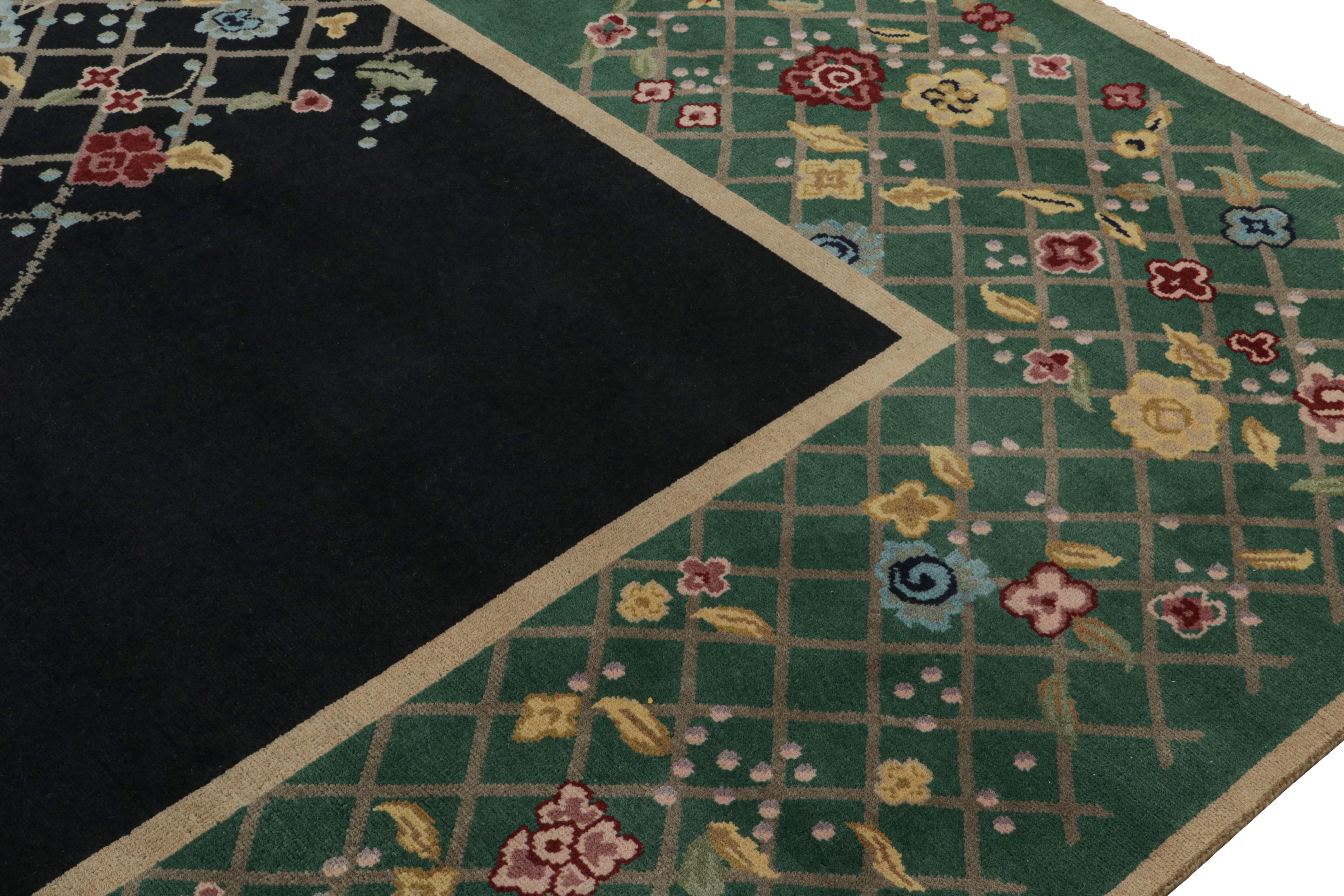 Indian Rug & Kilim’s Chinese Art Deco Style Rug in Black & Green with Floral Pattern For Sale