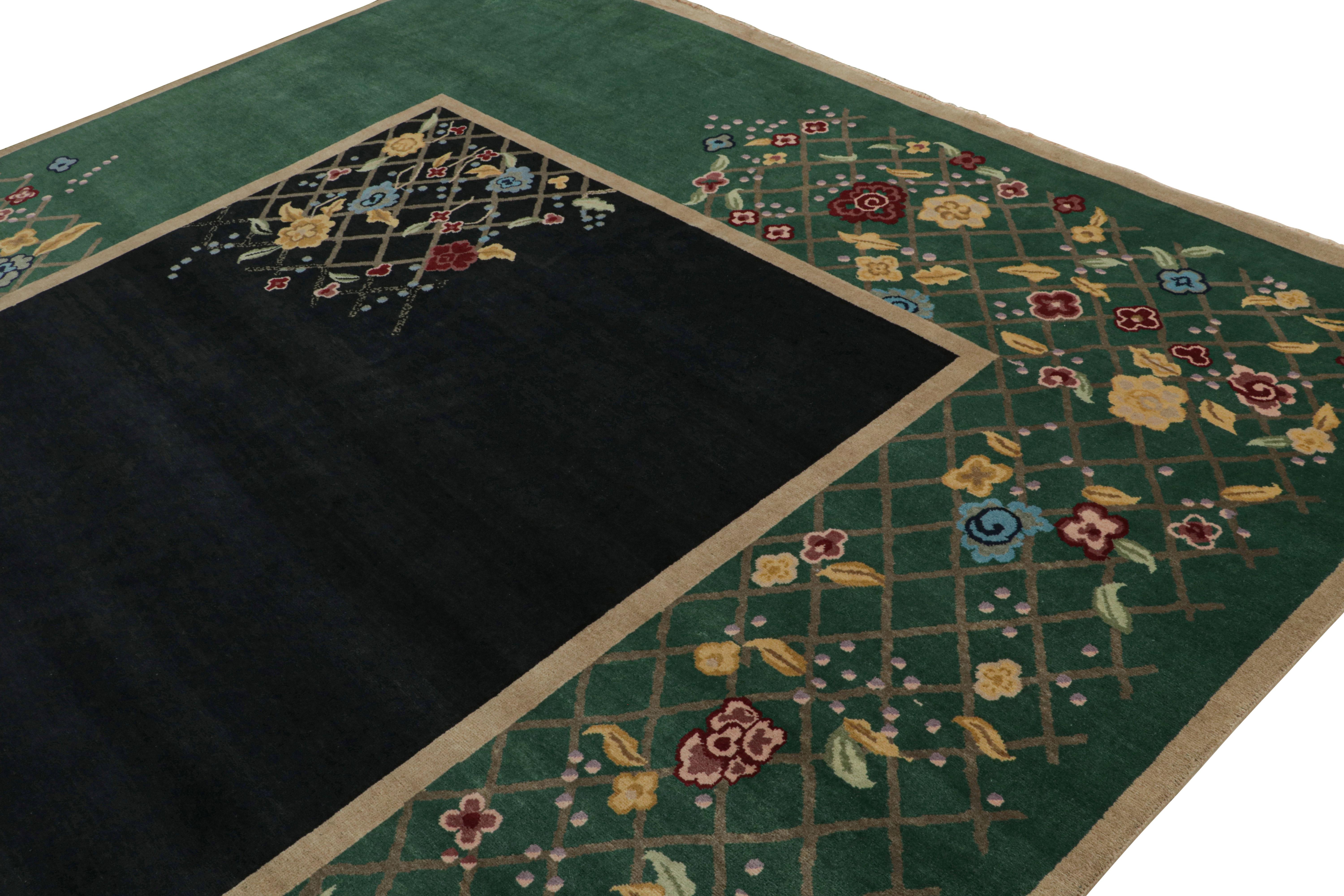 Hand-Knotted Rug & Kilim’s Chinese Art Deco Style Rug in Black & Green with Floral Pattern For Sale