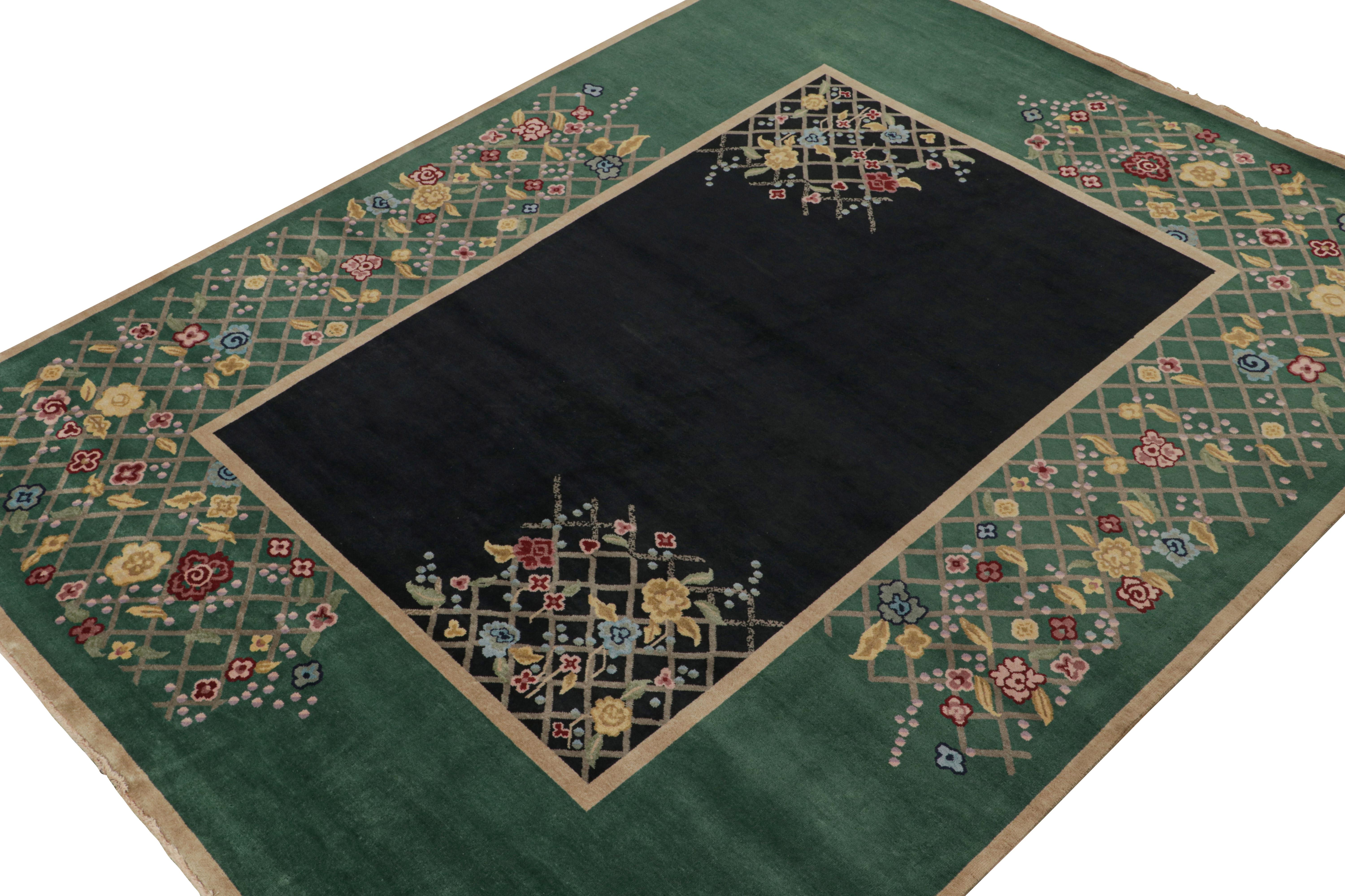 Hand-Knotted Rug & Kilim’s Chinese Art Deco Style rug in Black & Green with Floral Pattern For Sale