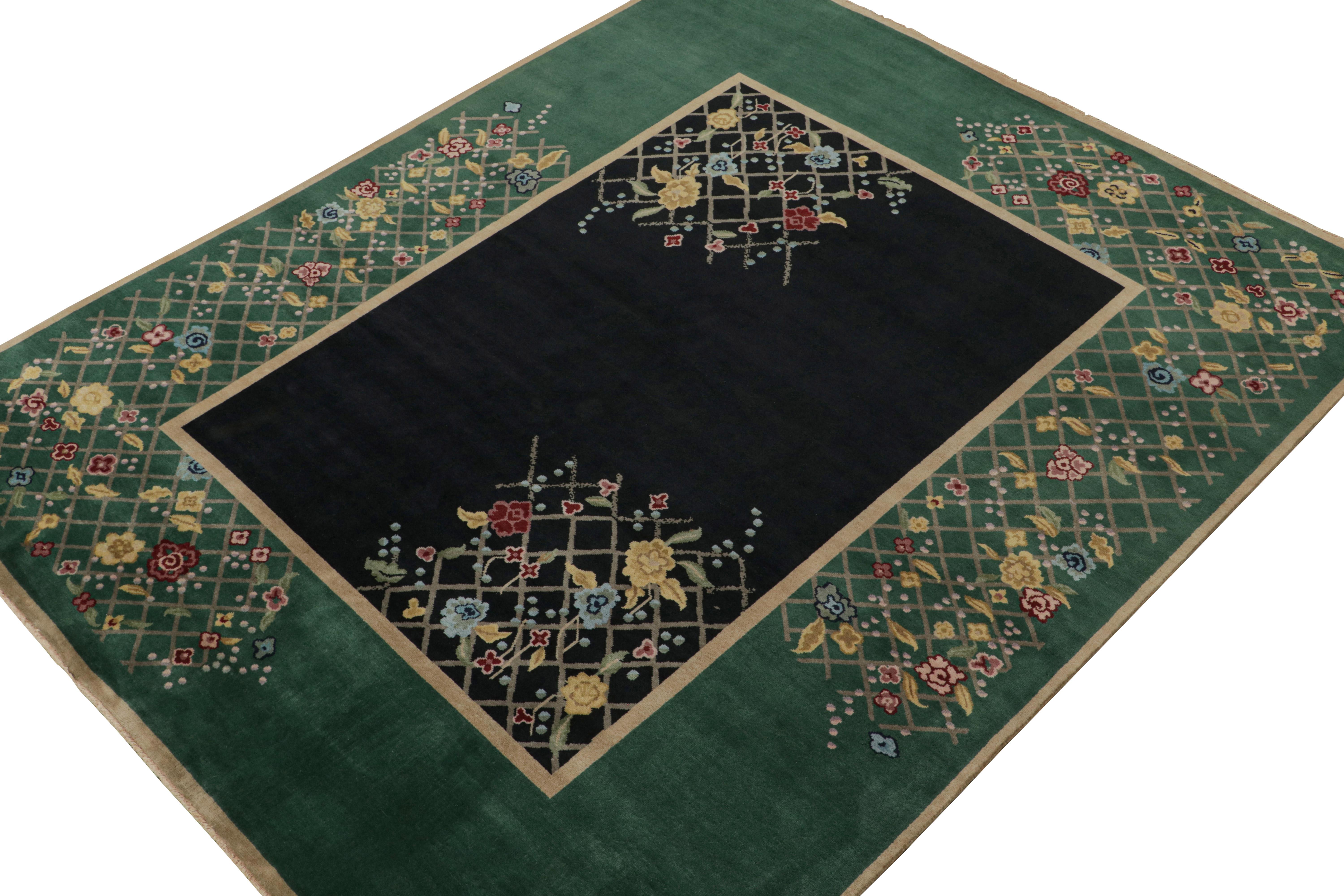 Hand-Knotted Rug & Kilim’s Chinese Art Deco Style Rug in Black & Green with Floral Pattern For Sale