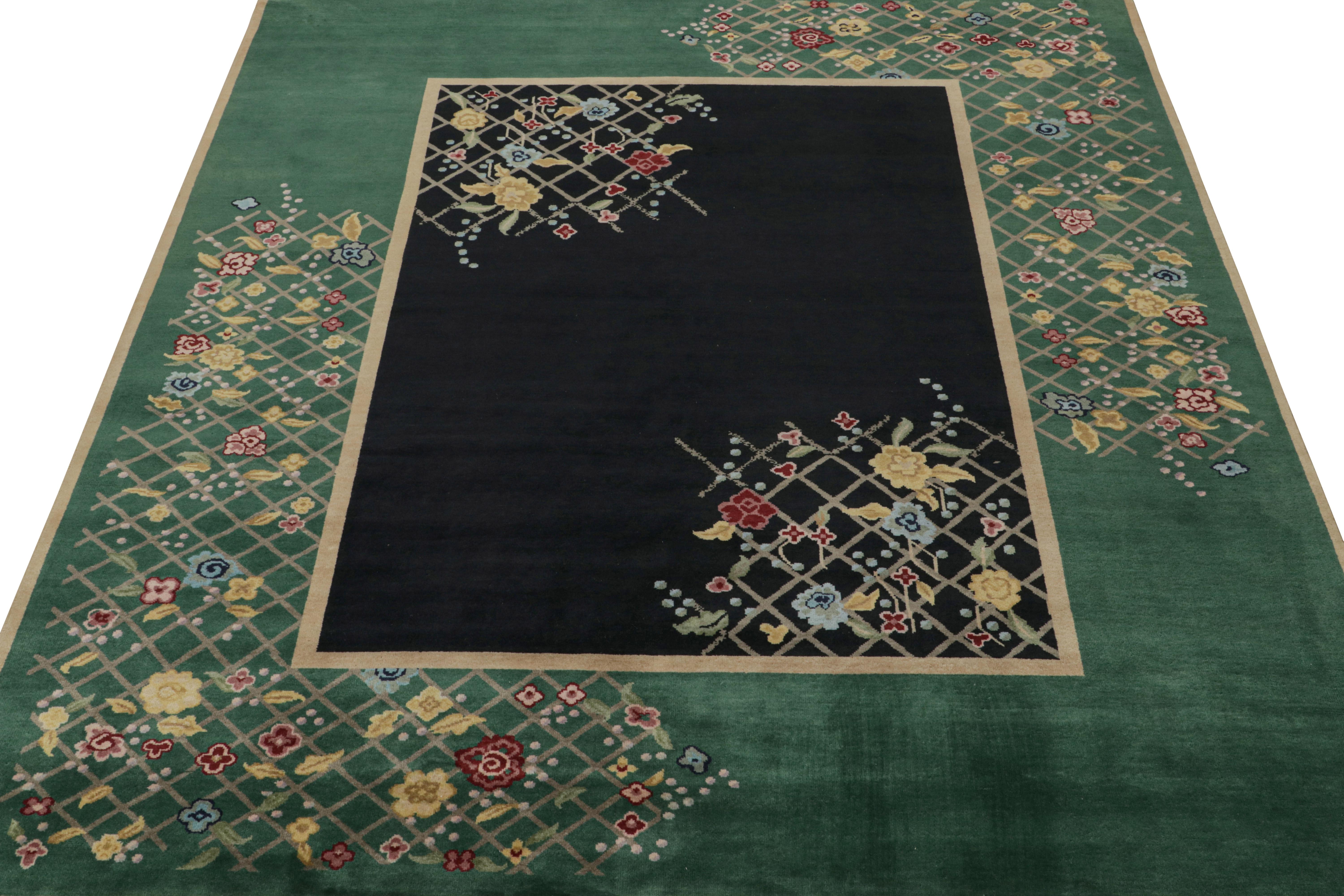 Rug & Kilims chinesischer Teppich im Art-Déco-Stil in Schwarz und Grün mit Blumenmuster (Handgeknüpft) im Angebot