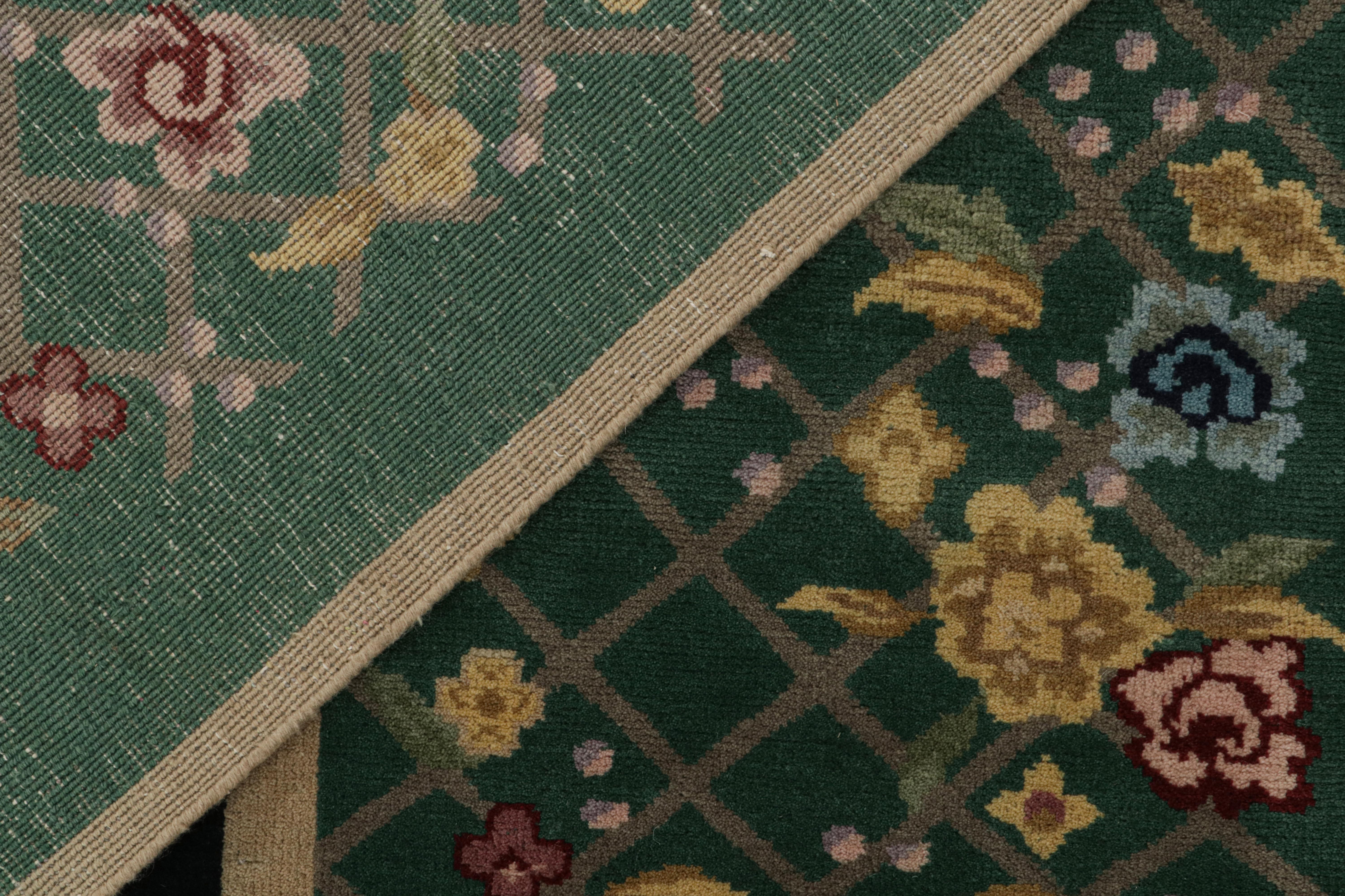 Wool Rug & Kilim’s Chinese Art Deco Style Rug in Black & Green with Floral Pattern For Sale