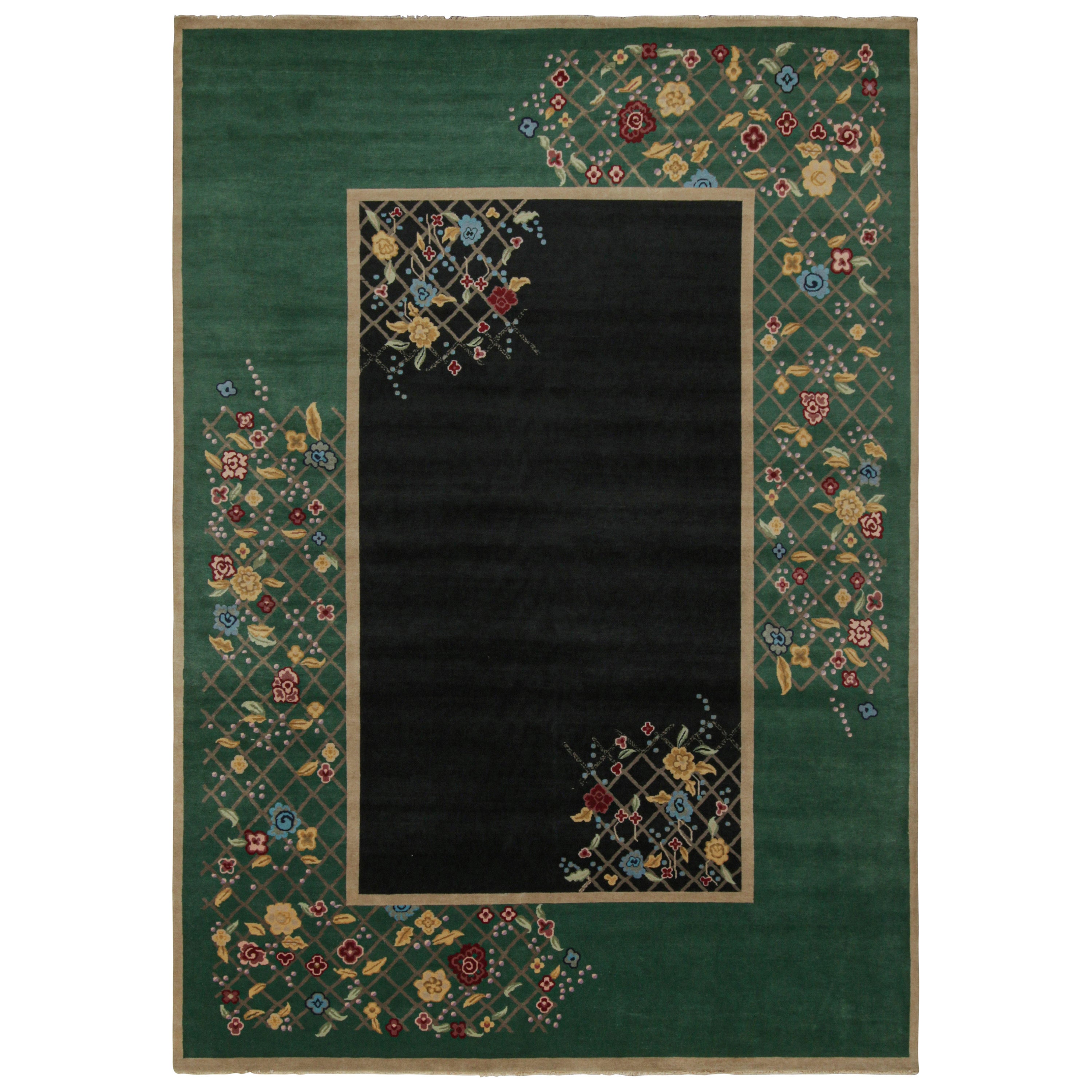 Rug & Kilims chinesischer Teppich im Art-Déco-Stil in Schwarz und Grün mit Blumenmuster