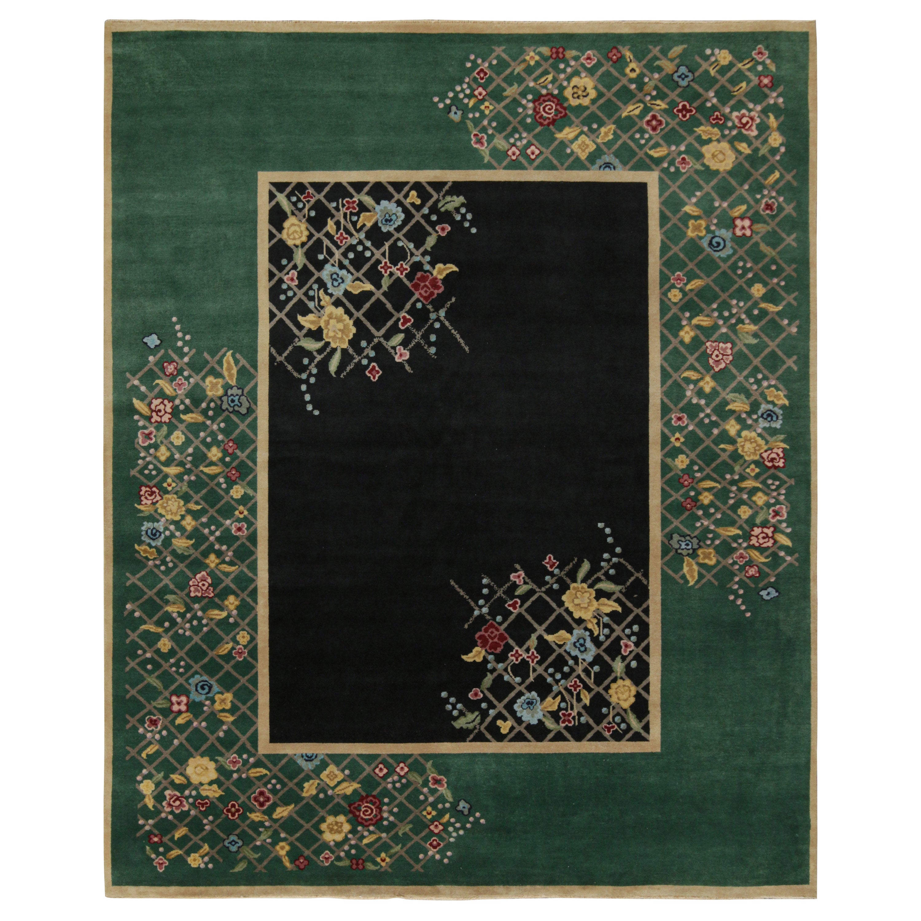 Rug & Kilim’s Chinese Art Deco Style Rug in Black & Green with Floral Pattern For Sale