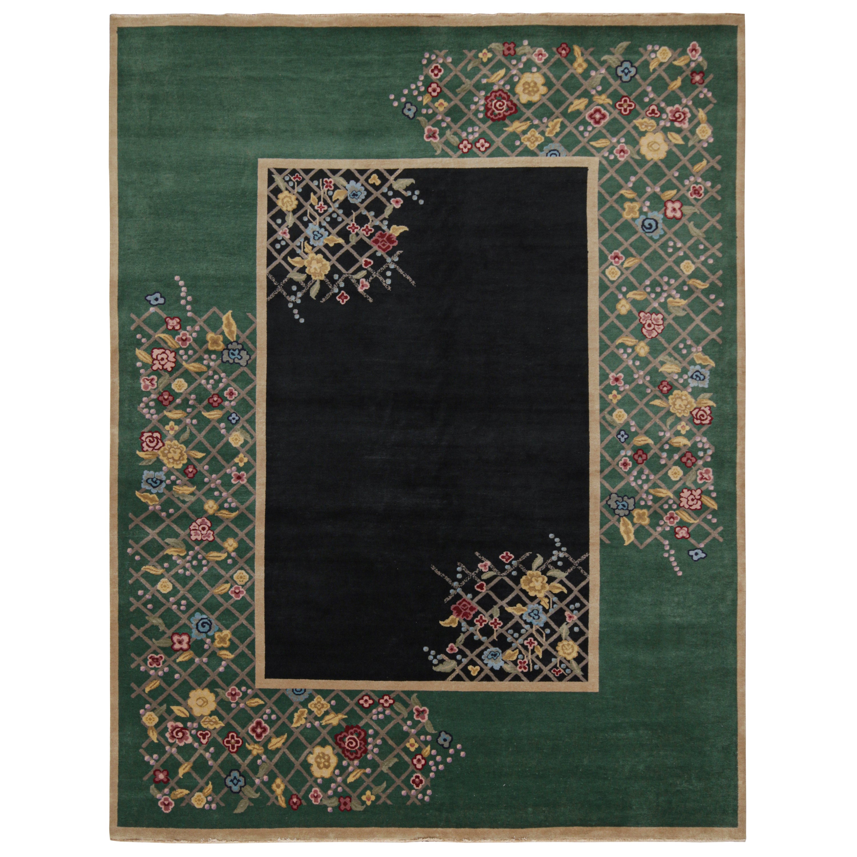 Rug & Kilim’s Chinese Art Deco Style rug in Black & Green with Floral Pattern For Sale