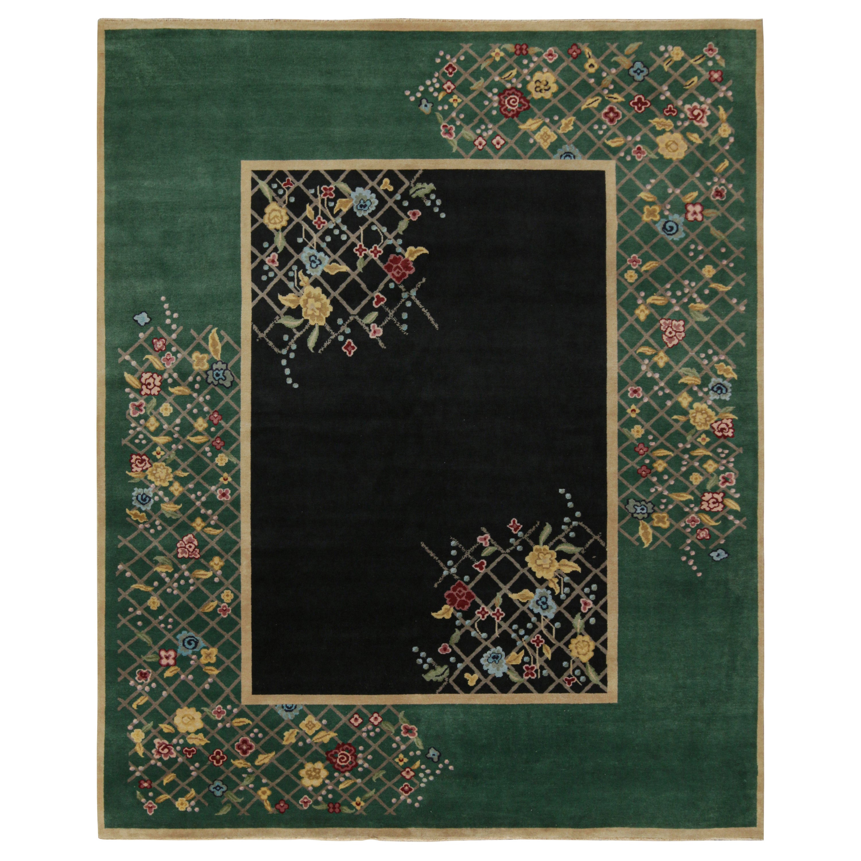 Rug
Kilims chinesischer Teppich im Art-Déco-Stil in Schwarz und Grün mit Blumenmuster