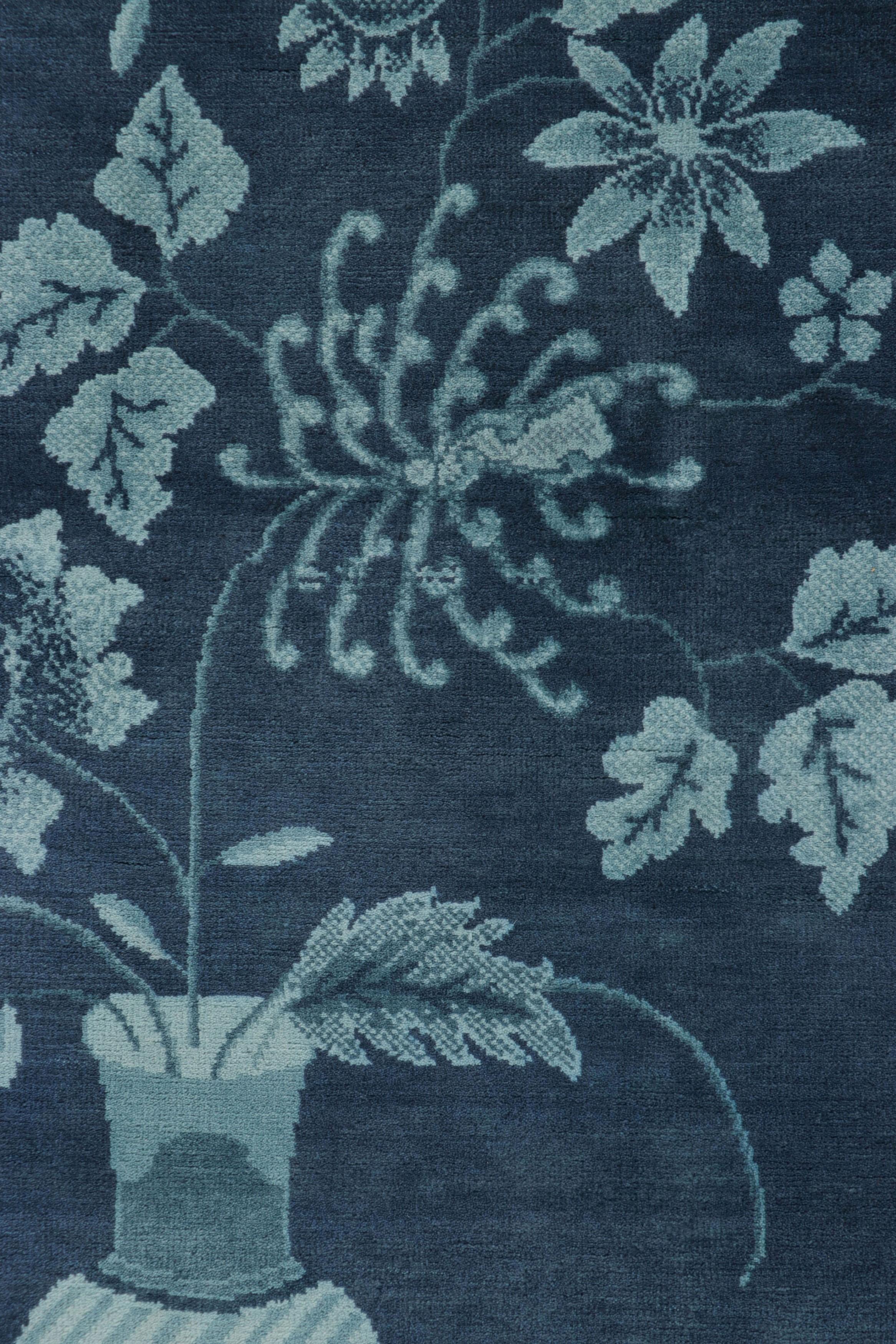 Indian Rug & Kilim’s Chinese Art Deco Style Rug in Blue with Floral Patterns For Sale