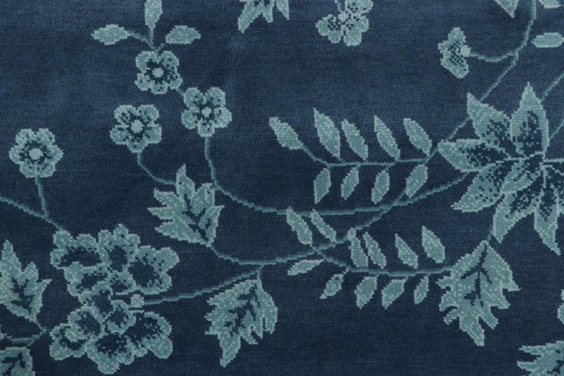Indian Rug & Kilim’s Chinese Art Deco Style Rug in Blue with Floral Patterns For Sale