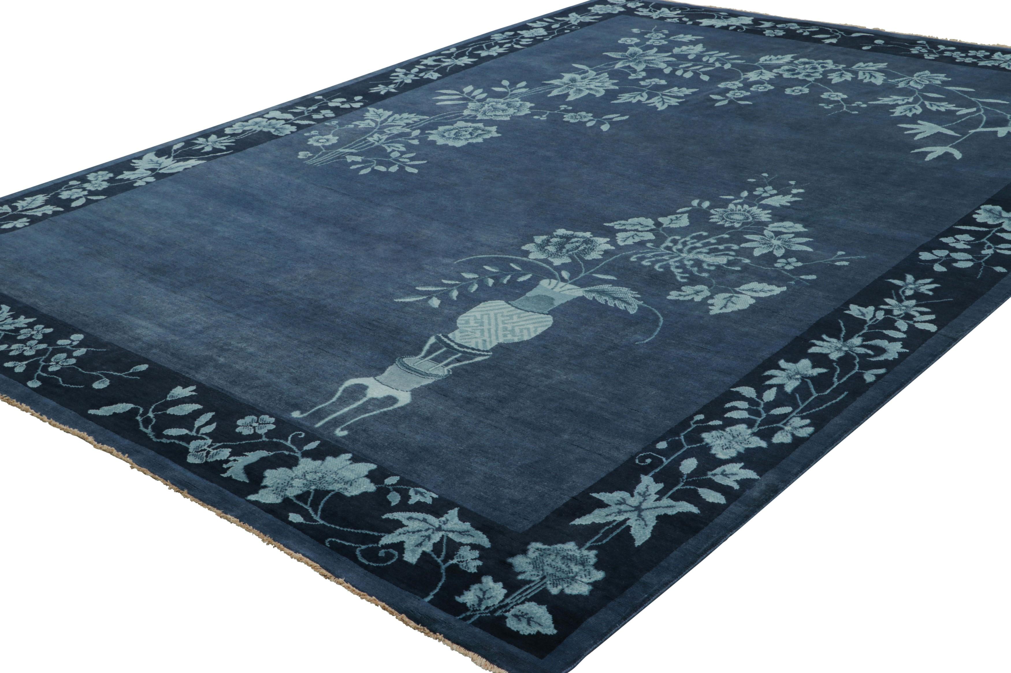 Hand-Knotted Rug & Kilim’s Chinese Art Deco Style Rug in Blue with Floral Patterns For Sale