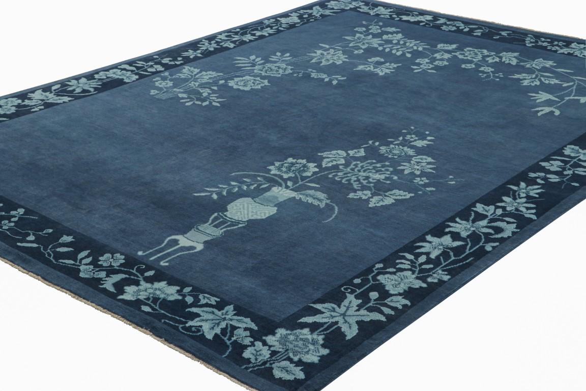Hand-Knotted Rug & Kilim’s Chinese Art Deco Style Rug in Blue with Floral Patterns For Sale
