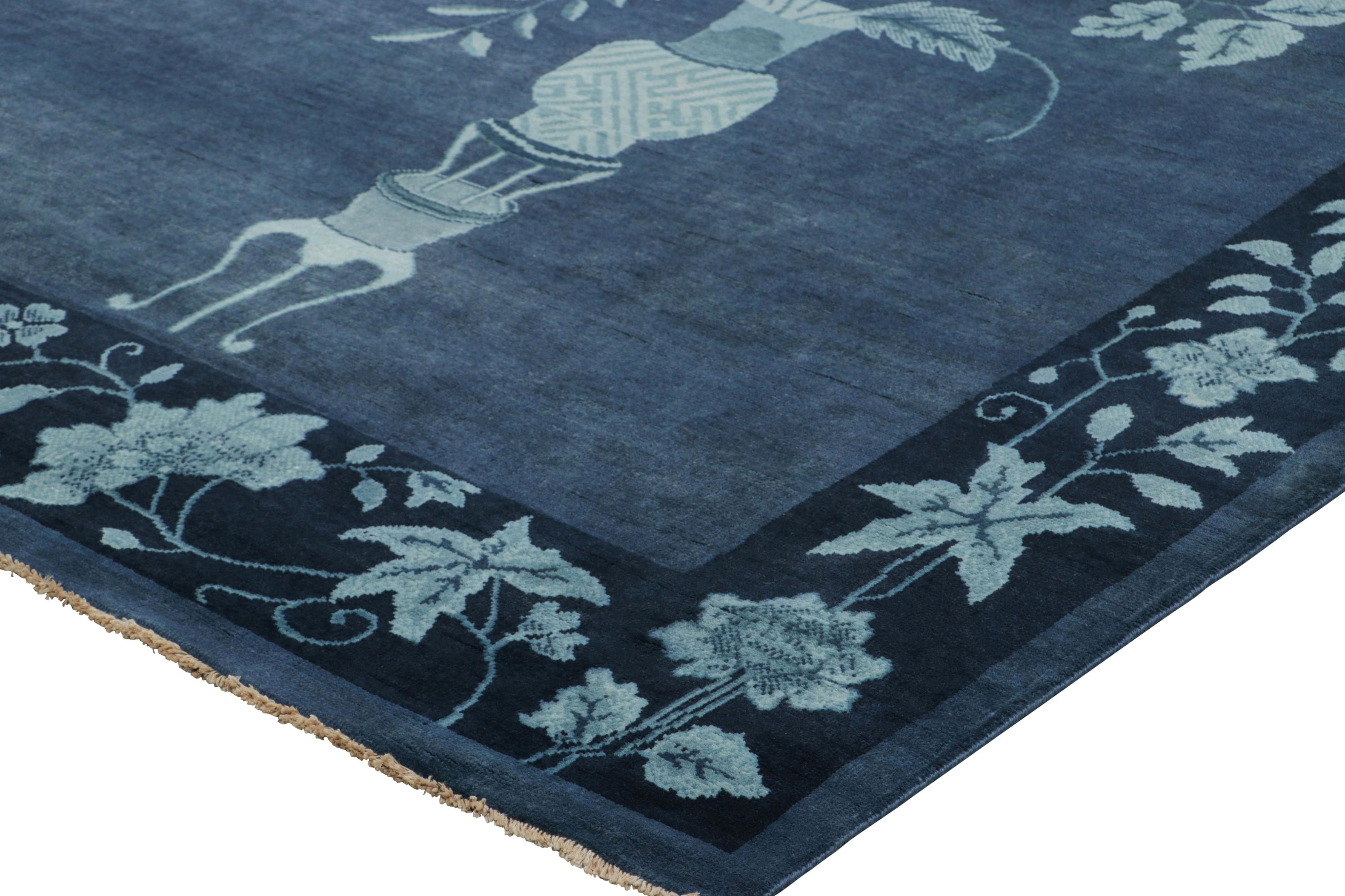 Contemporary Rug & Kilim’s Chinese Art Deco Style Rug in Blue with Floral Patterns For Sale