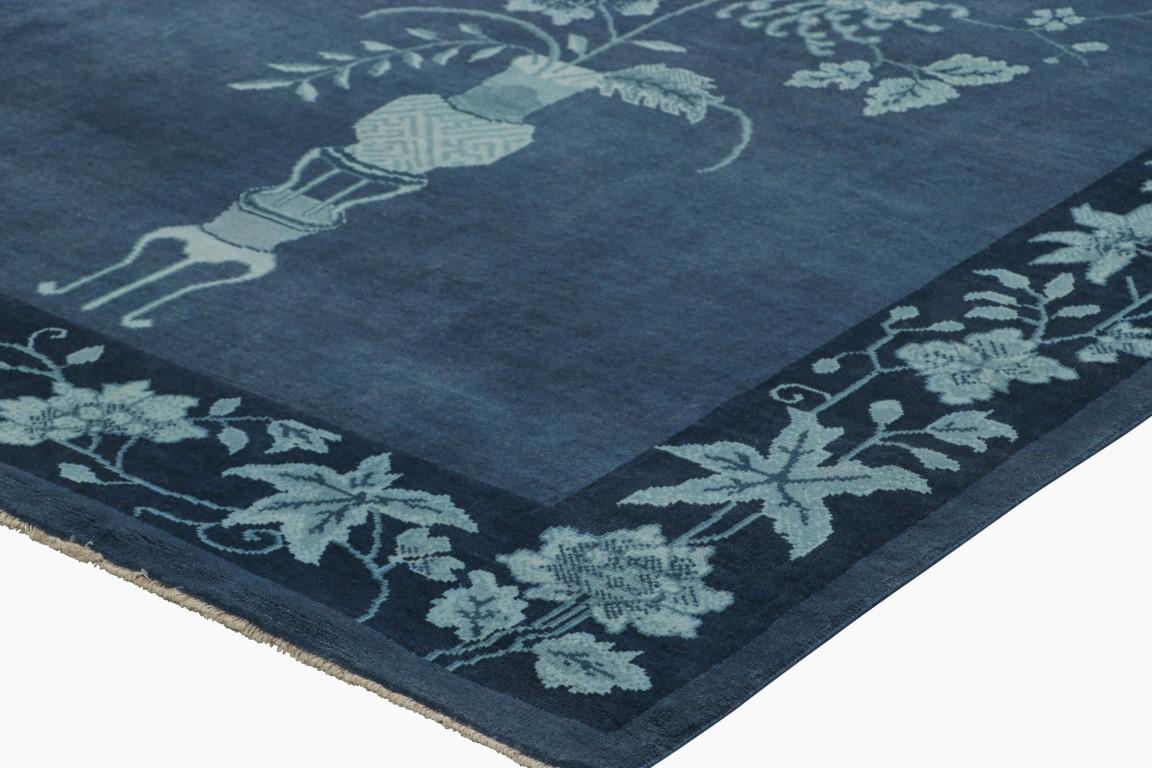 Contemporary Rug & Kilim’s Chinese Art Deco Style Rug in Blue with Floral Patterns For Sale
