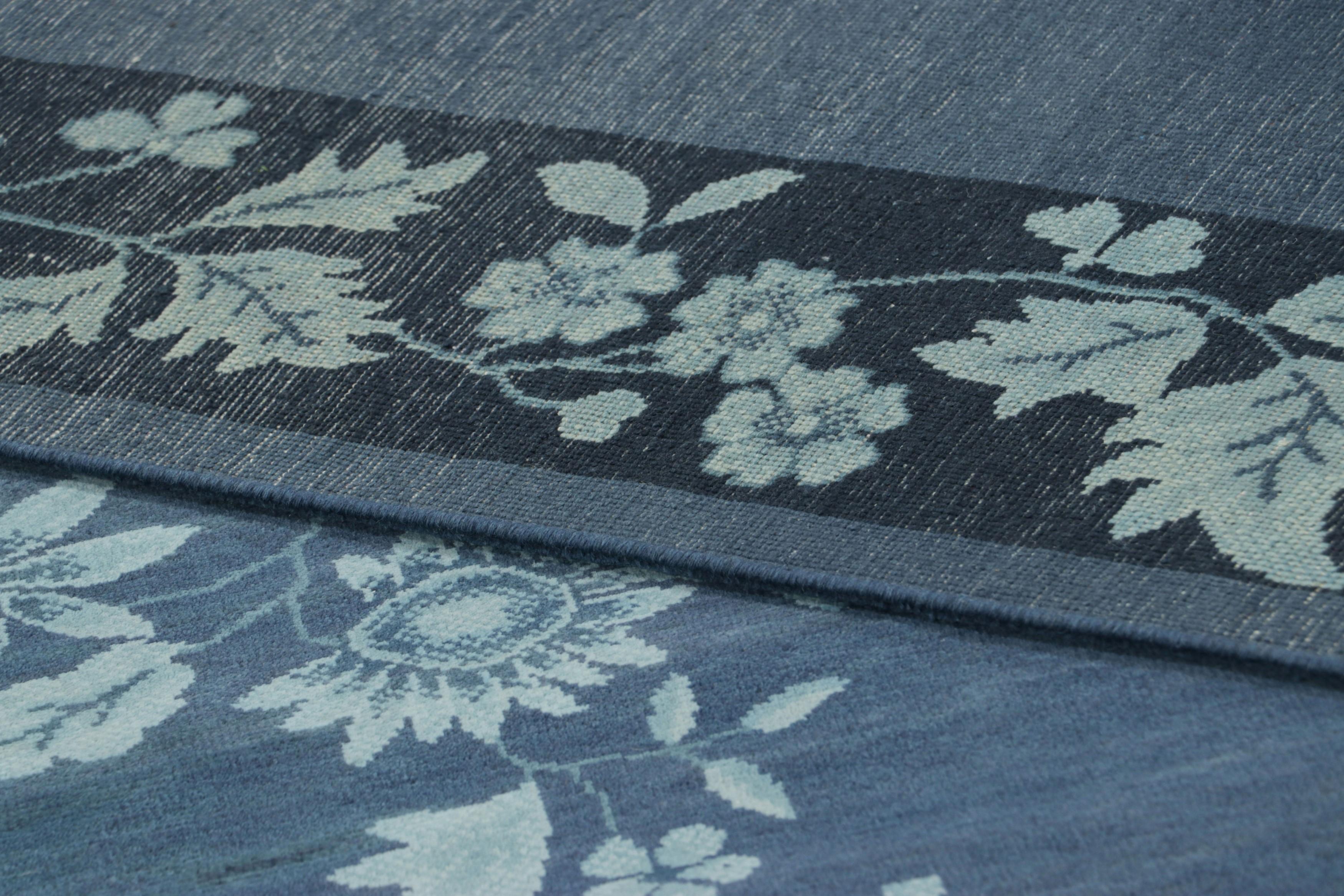 Wool Rug & Kilim’s Chinese Art Deco Style Rug in Blue with Floral Patterns For Sale