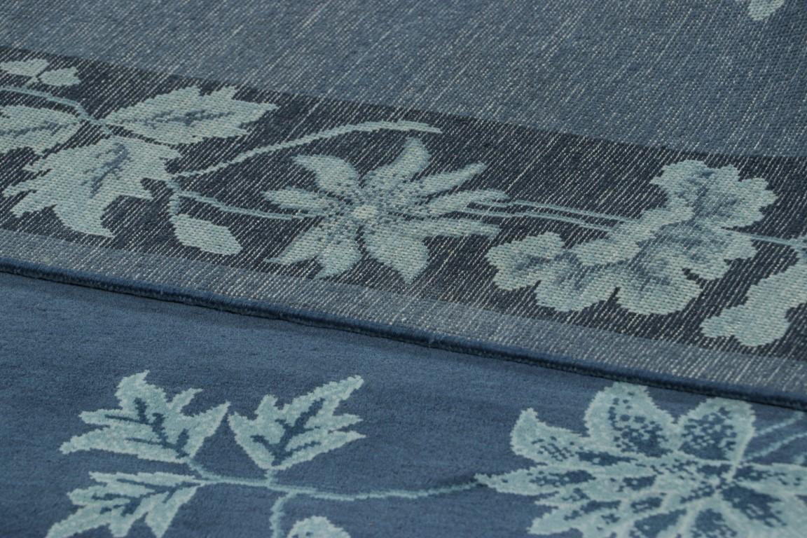 Wool Rug & Kilim’s Chinese Art Deco Style Rug in Blue with Floral Patterns For Sale