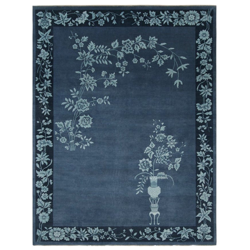 Rug
Kilim
s Chinesischer Teppich im Art Deco Stil in Blau mit Blumenmustern