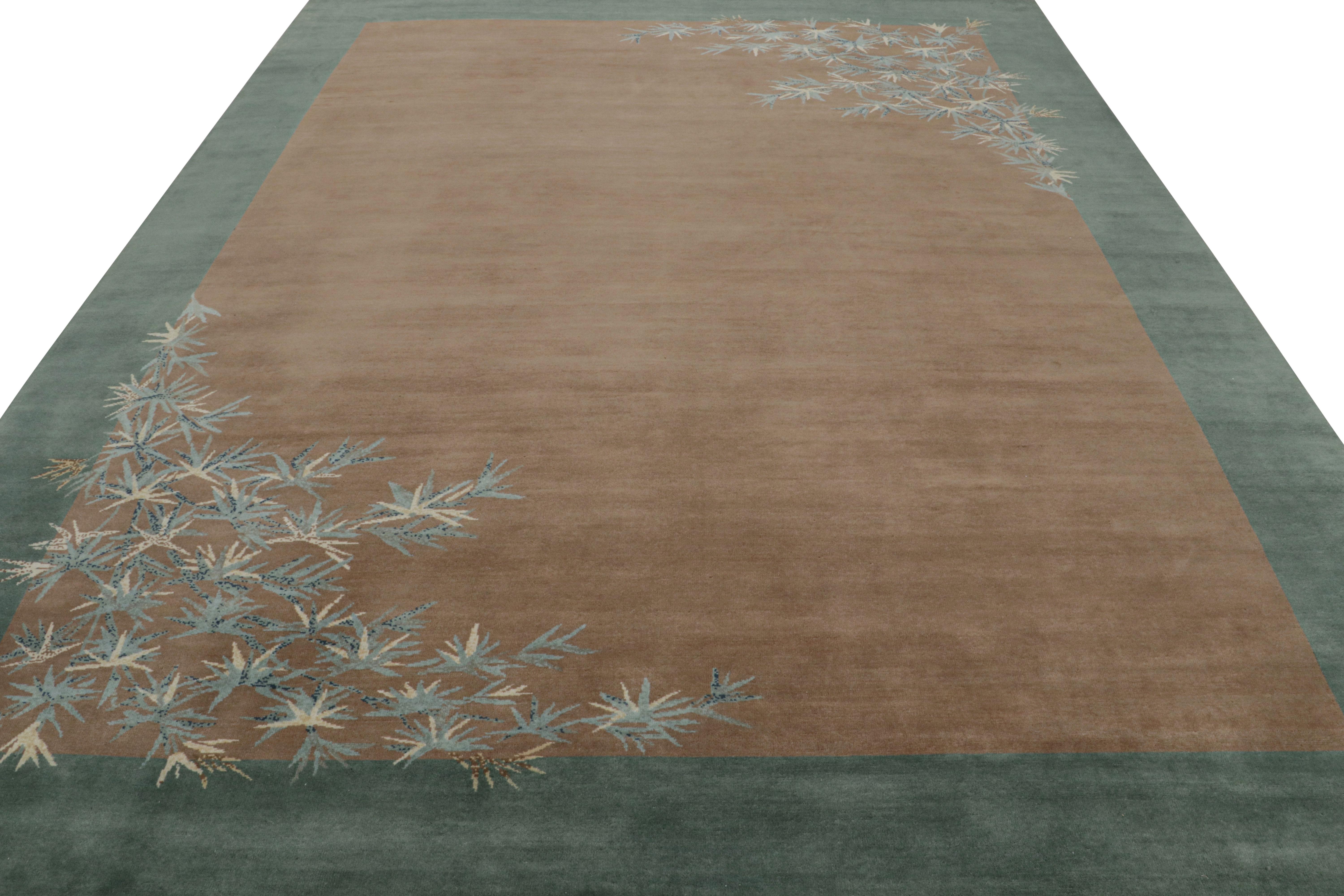 Indian Rug & Kilim’s Chinese Art Deco style rug in Brown and Teal, with Floral Patterns For Sale