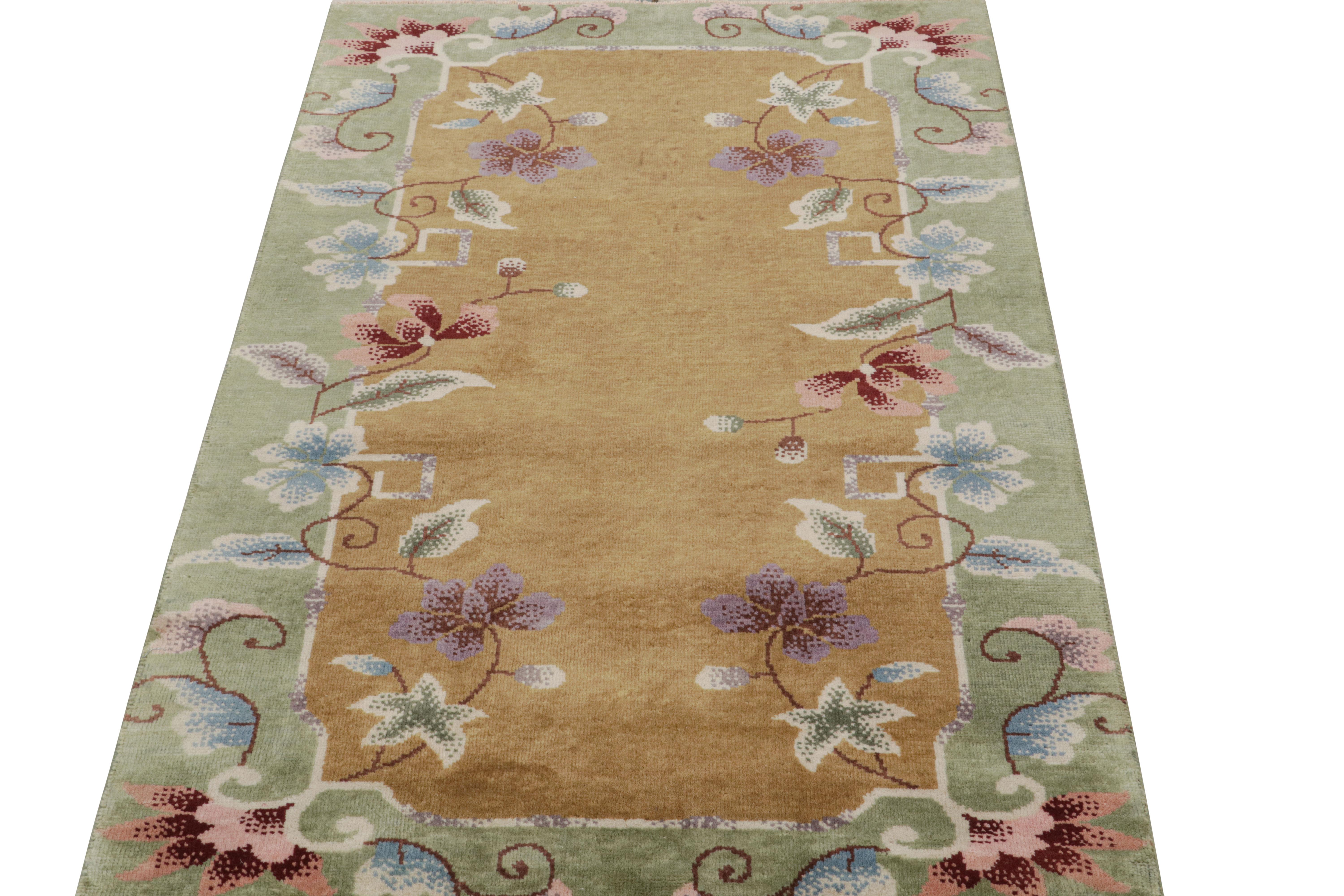 Hand-knotted in wool, this 3×5 rug by Rug & Kilim is a new addition to their Chinese Art Deco rug line. 

On the Design: 

The rug enjoys a golden-brown open field with green borders marrying floral patterns in light blue and pink tones. Admirers of