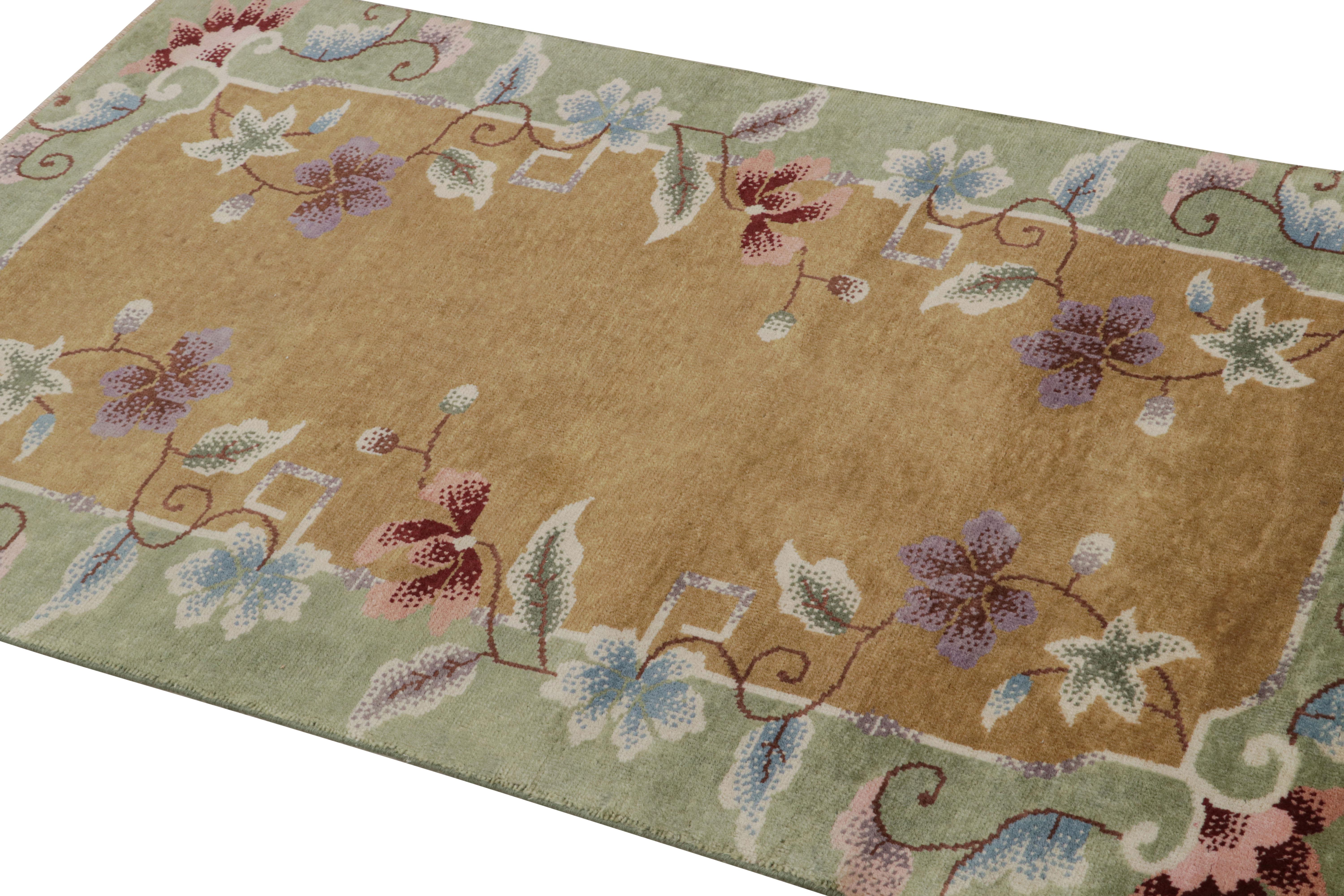 Modern Rug & Kilim’s Chinese Art Deco Style Rug In Brown with Colorful Floral Patterns For Sale