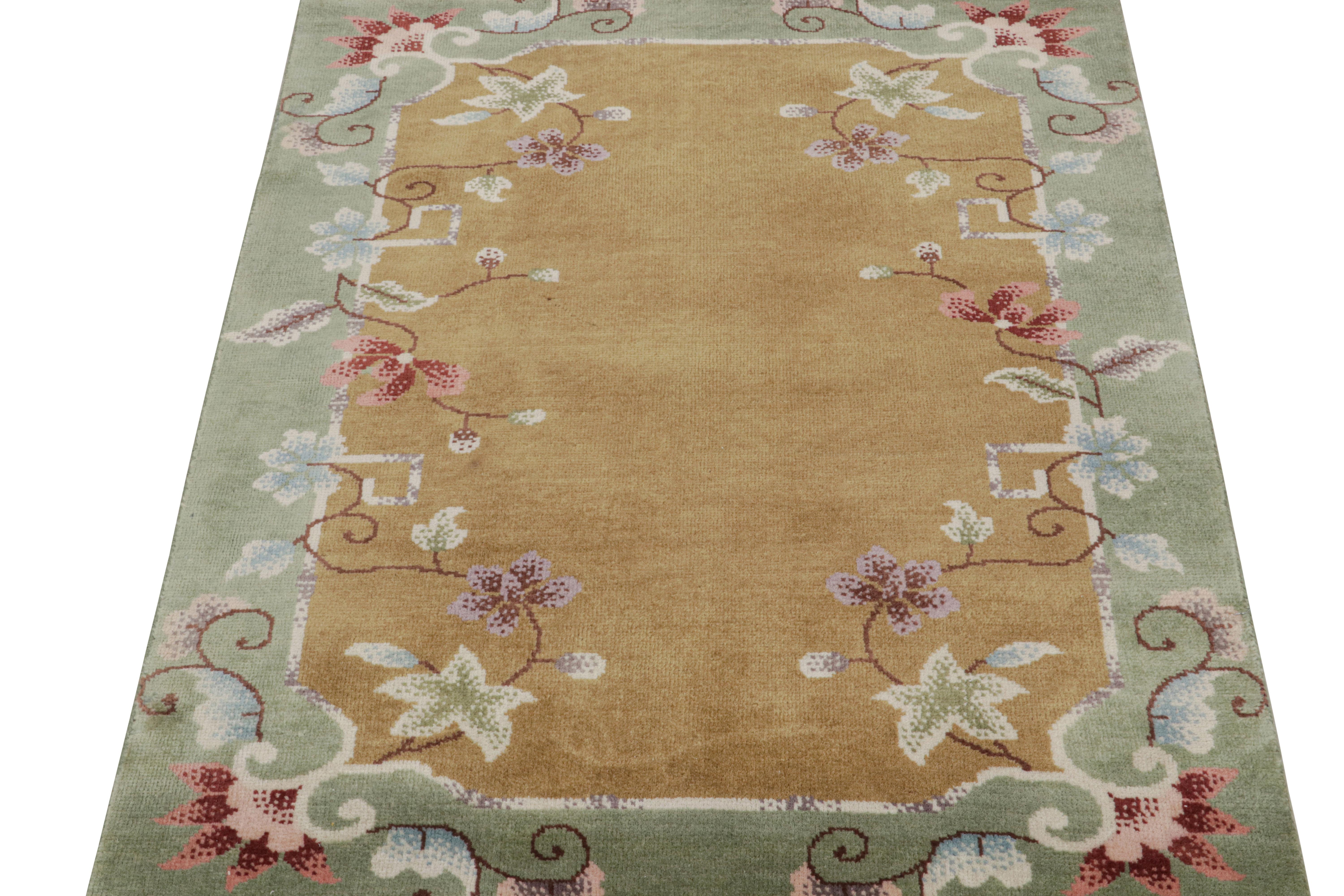 Modern Rug & Kilim’s Chinese Art Deco Style Rug In Brown with Colorful Floral Patterns For Sale