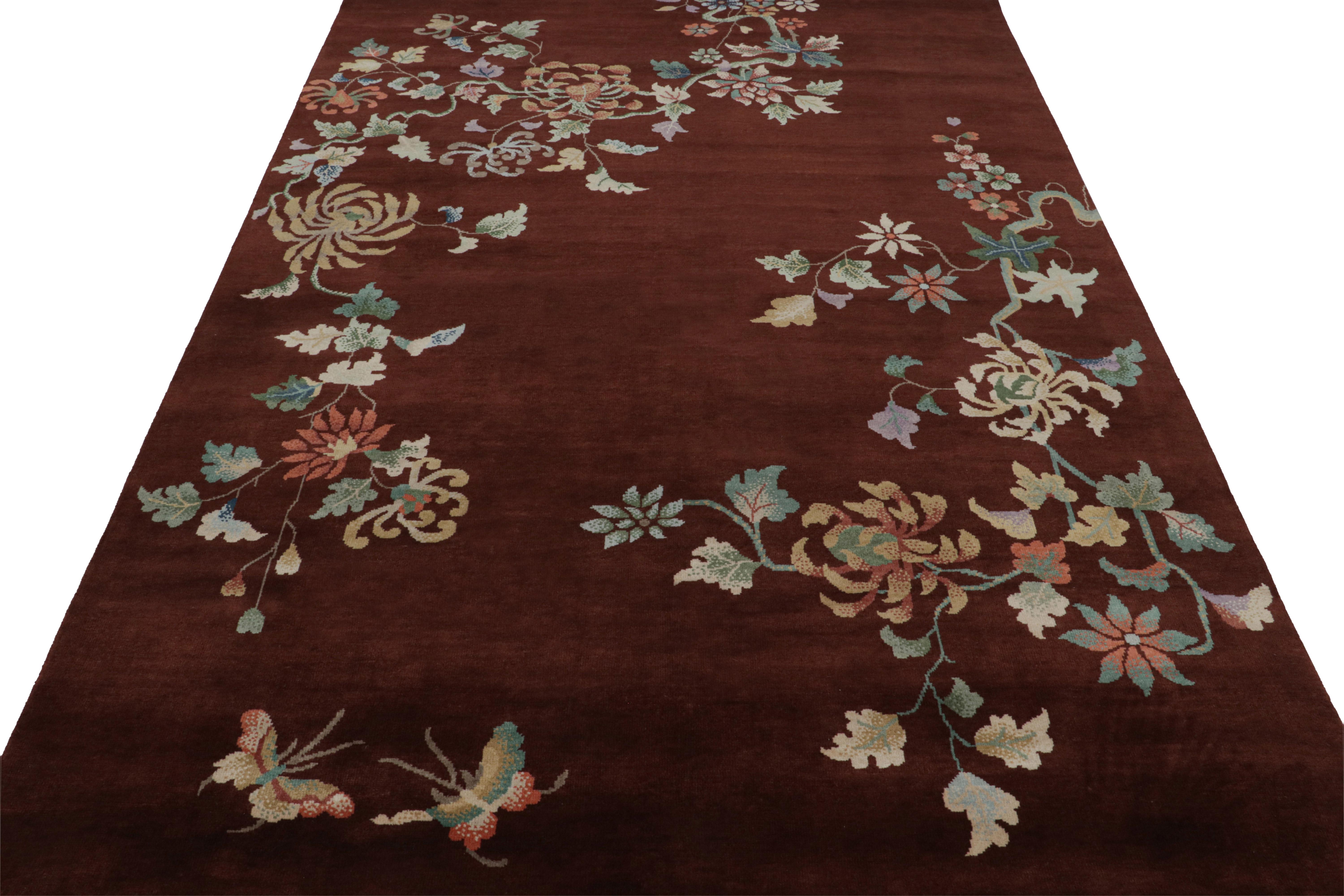 Hand-Knotted Rug & Kilim’s Chinese Art Deco Style Rug in Burgundy with Floral Patterns For Sale