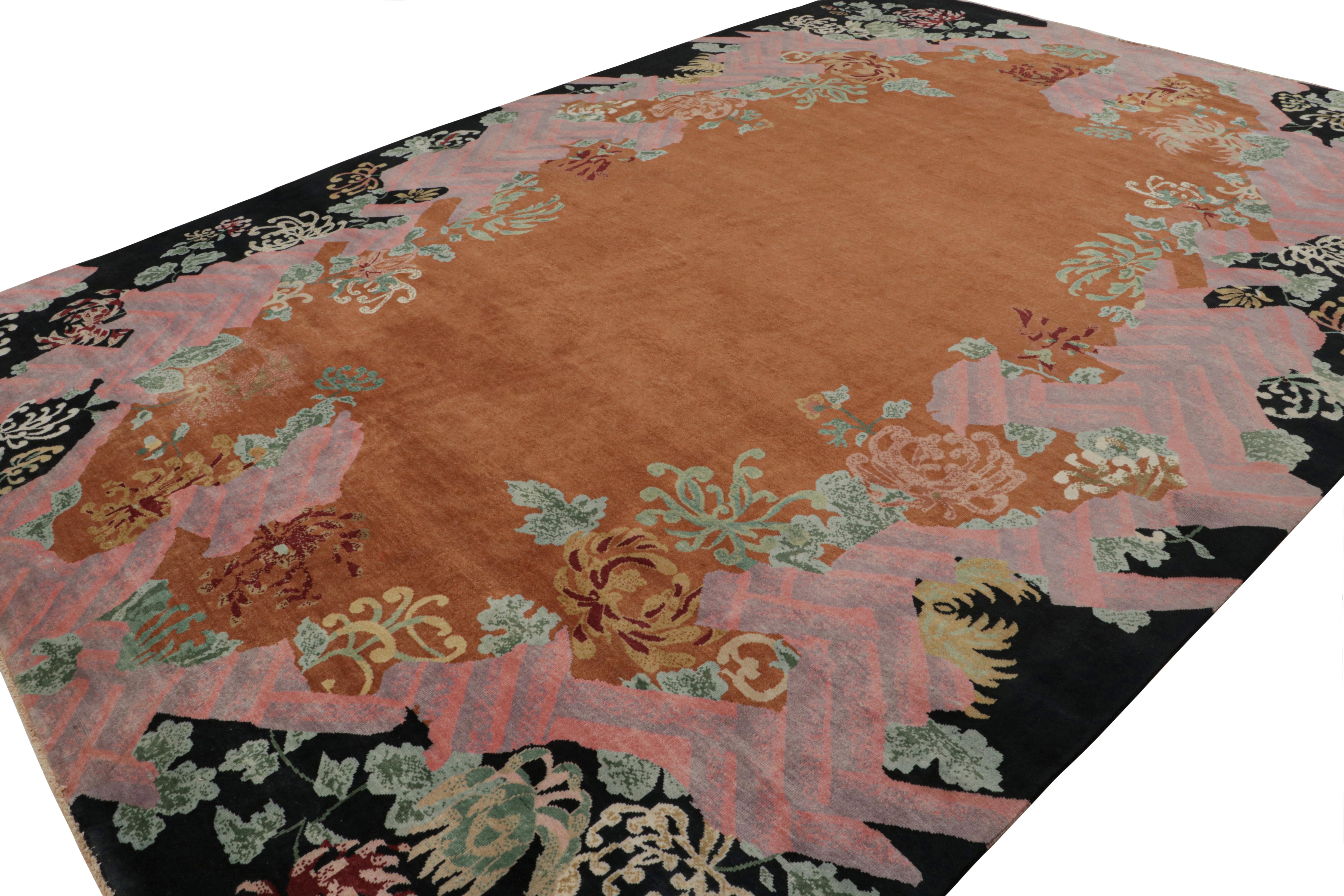 Hand knotted in wool, a 10x14 Chinese art deco style rug inspired by rare period pieces of the 1920s Nichols style. 

On the Design: 

The design boasts an eccentric open field from this period. The field & the surrounding floral patterns enjoy a