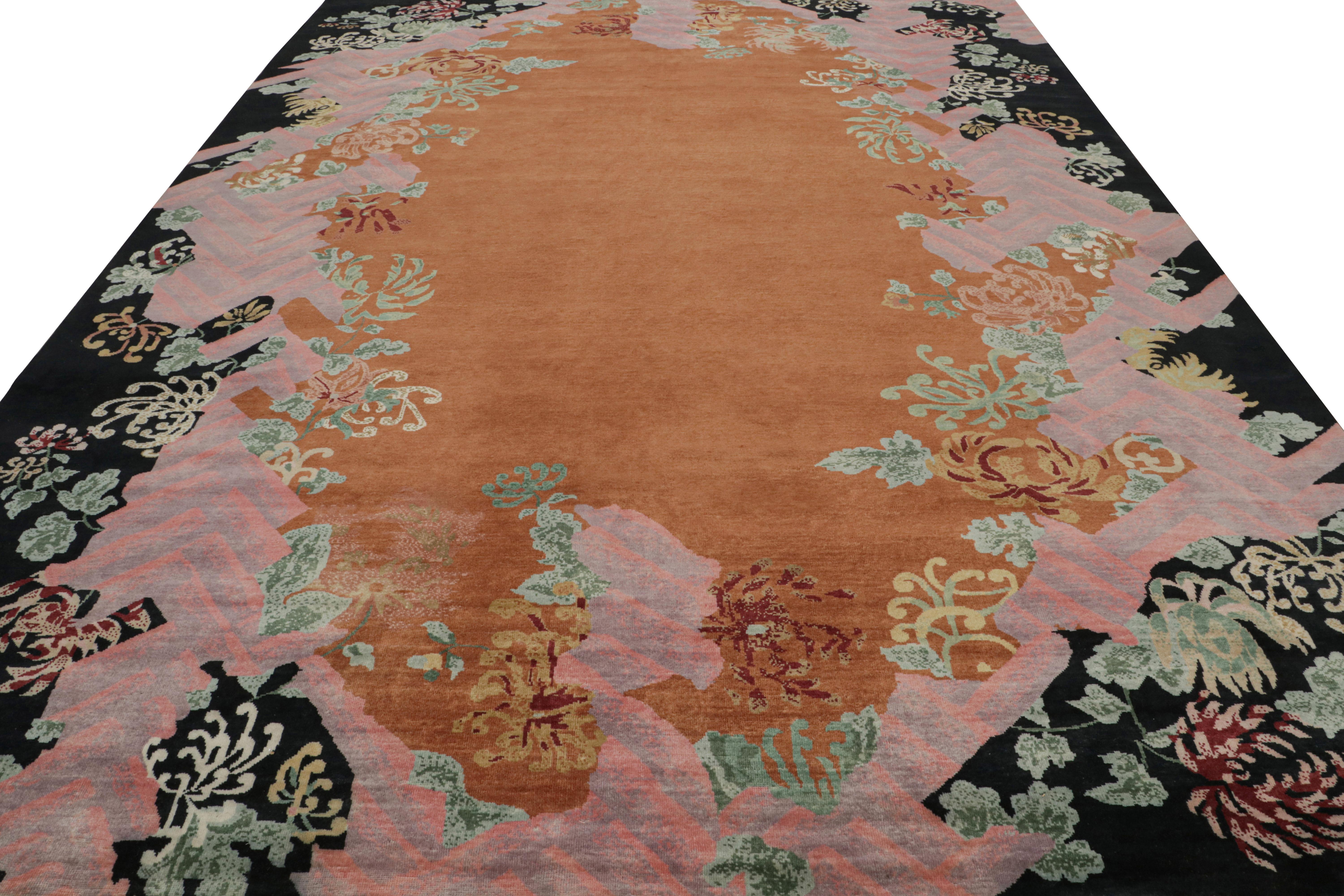 Hand-Knotted Rug & Kilim’s Chinese Art Deco Style Rug in Burnt Orange with Floral Patterns For Sale